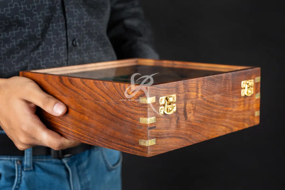 Royal Craft Expertise 9 Slot Handmade Wooden Watch Case | Indian Rosewood Timepiece Organizer with Glass Lid - view 6