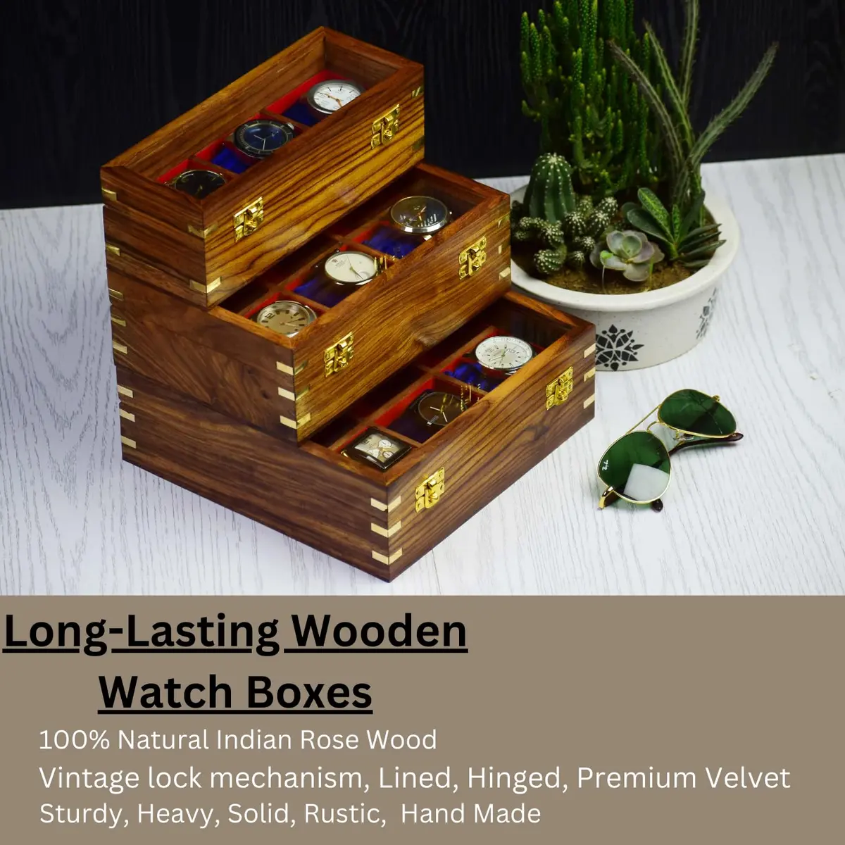 Royal Craft Expertise 9 Slot Handmade Wooden Watch Case | Indian Rosewood Timepiece Organizer with Glass Lid - view 7