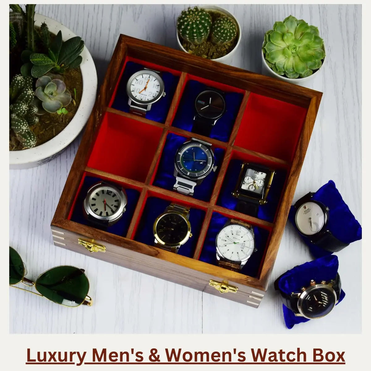 Royal Craft Expertise 9 Slot Handmade Wooden Watch Case | Indian Rosewood Timepiece Organizer with Glass Lid - view 8
