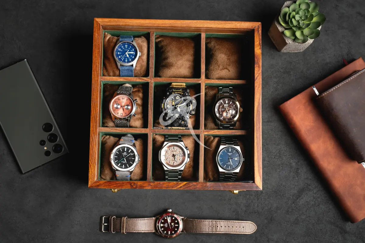 Royal Craft Expertise 9 Slot Handmade Wooden Watch Case | Indian Rosewood Timepiece Organizer with Glass Lid - view 2