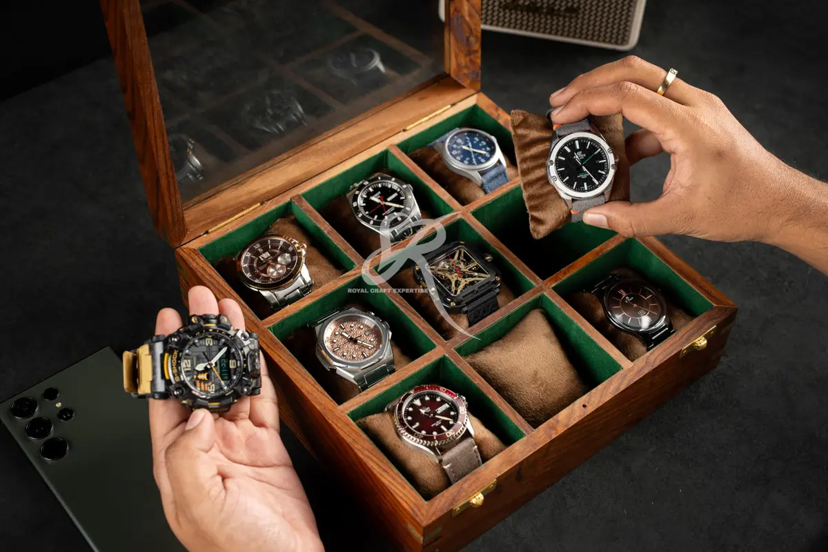 Royal Craft Expertise 9 Slot Handmade Wooden Watch Case | Indian Rosewood Timepiece Organizer with Glass Lid - view 3