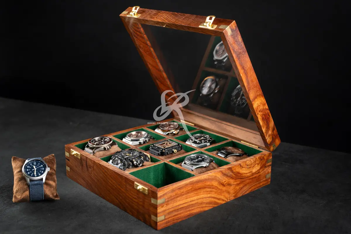 Royal Craft Expertise 9 Slot Handmade Wooden Watch Case | Indian Rosewood Timepiece Organizer with Glass Lid - view 4