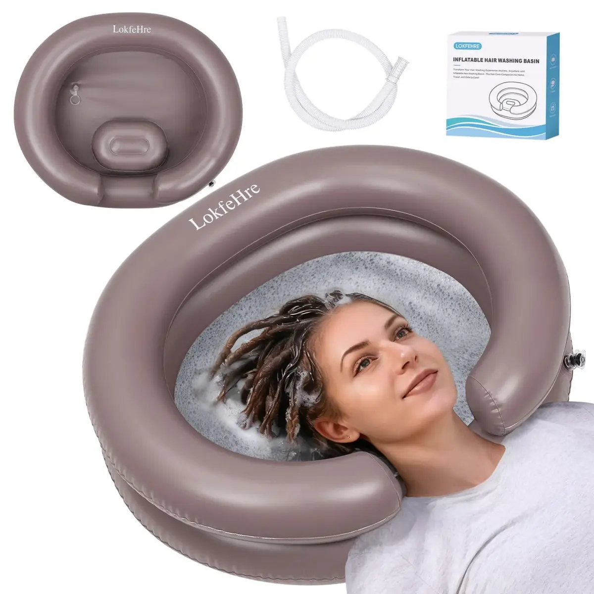 LOKFEHRE Inflatable Shampoo Basin with Pillow for Bedridden 26-inch Outer | 18-inch Inner Basin, Brown - main product image