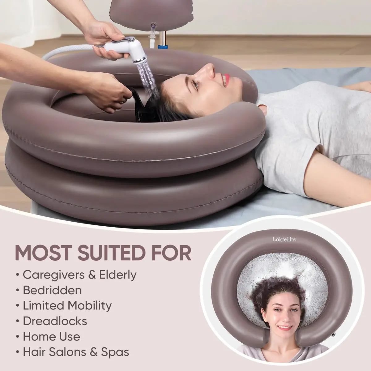 LOKFEHRE Inflatable Shampoo Basin with Pillow for Bedridden 26-inch Outer | 18-inch Inner Basin, Brown - view 5