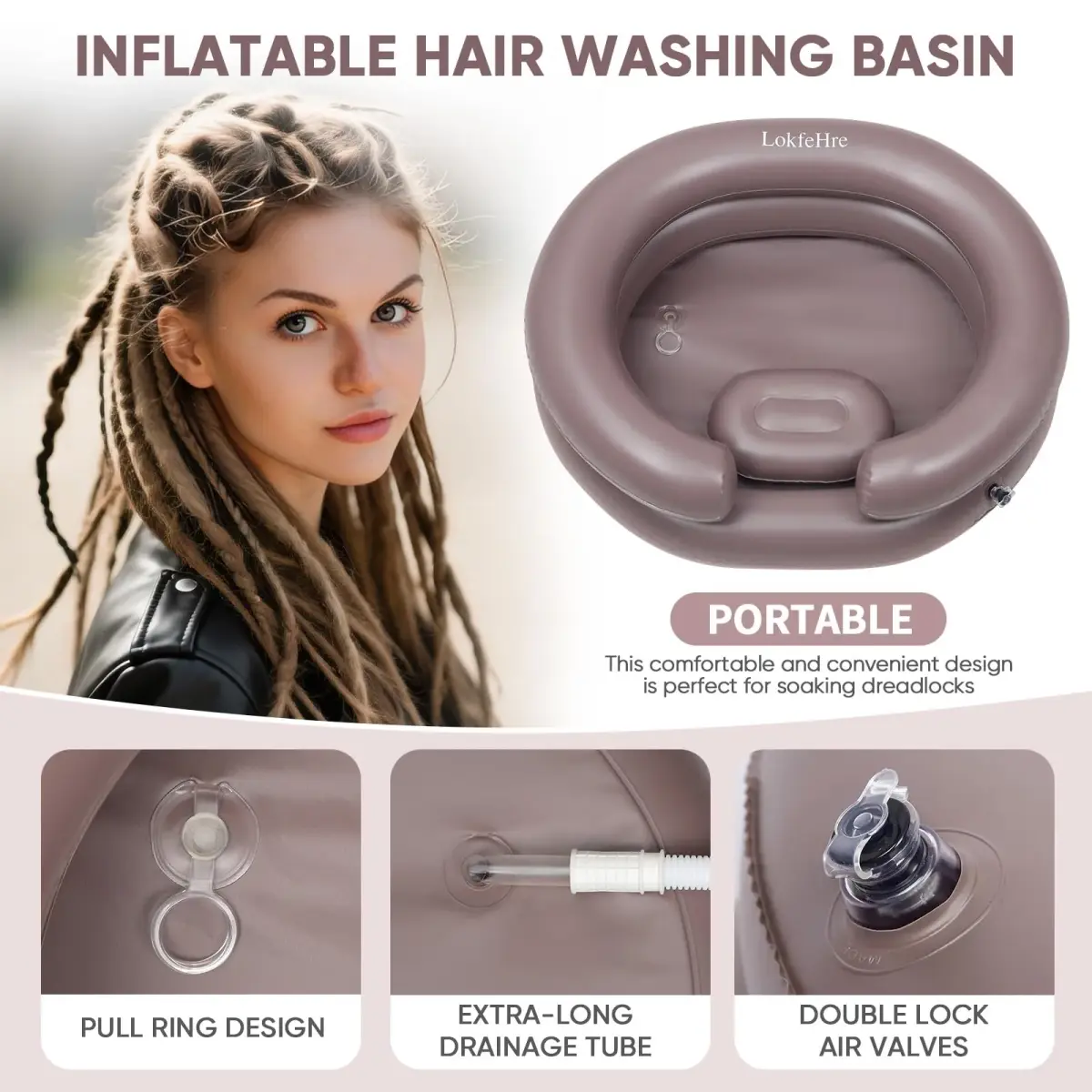 LOKFEHRE Inflatable Shampoo Basin with Pillow for Bedridden 26-inch Outer | 18-inch Inner Basin, Brown - view 2