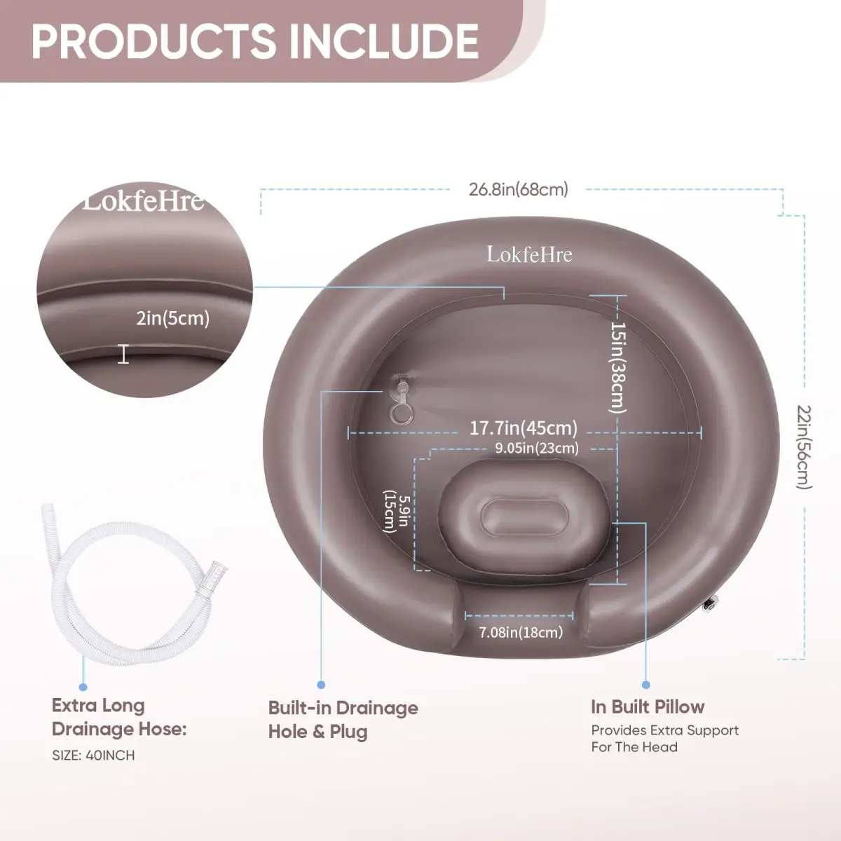 LOKFEHRE Inflatable Shampoo Basin with Pillow for Bedridden 26-inch Outer | 18-inch Inner Basin, Brown - view 3