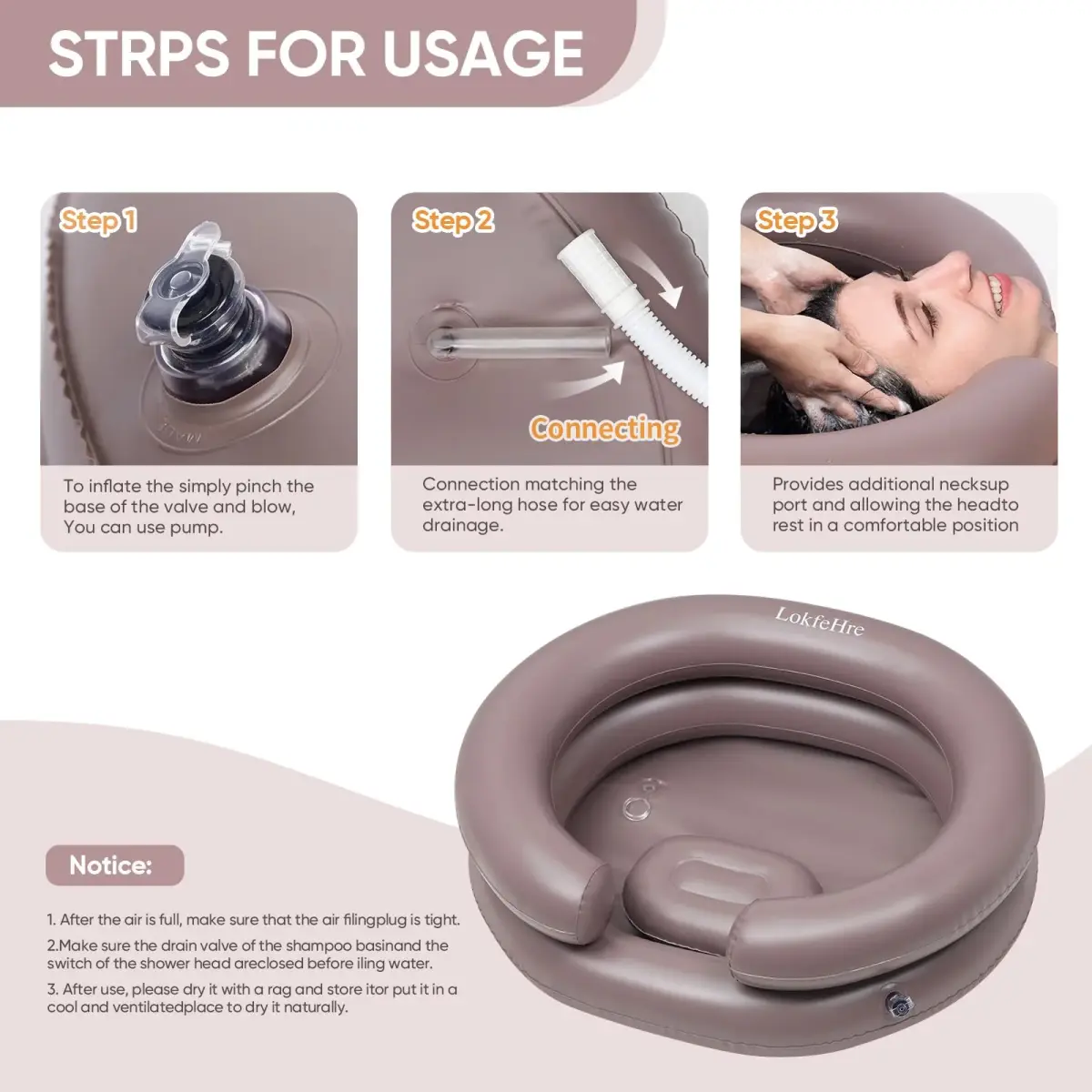 LOKFEHRE Inflatable Shampoo Basin with Pillow for Bedridden 26-inch Outer | 18-inch Inner Basin, Brown - view 4