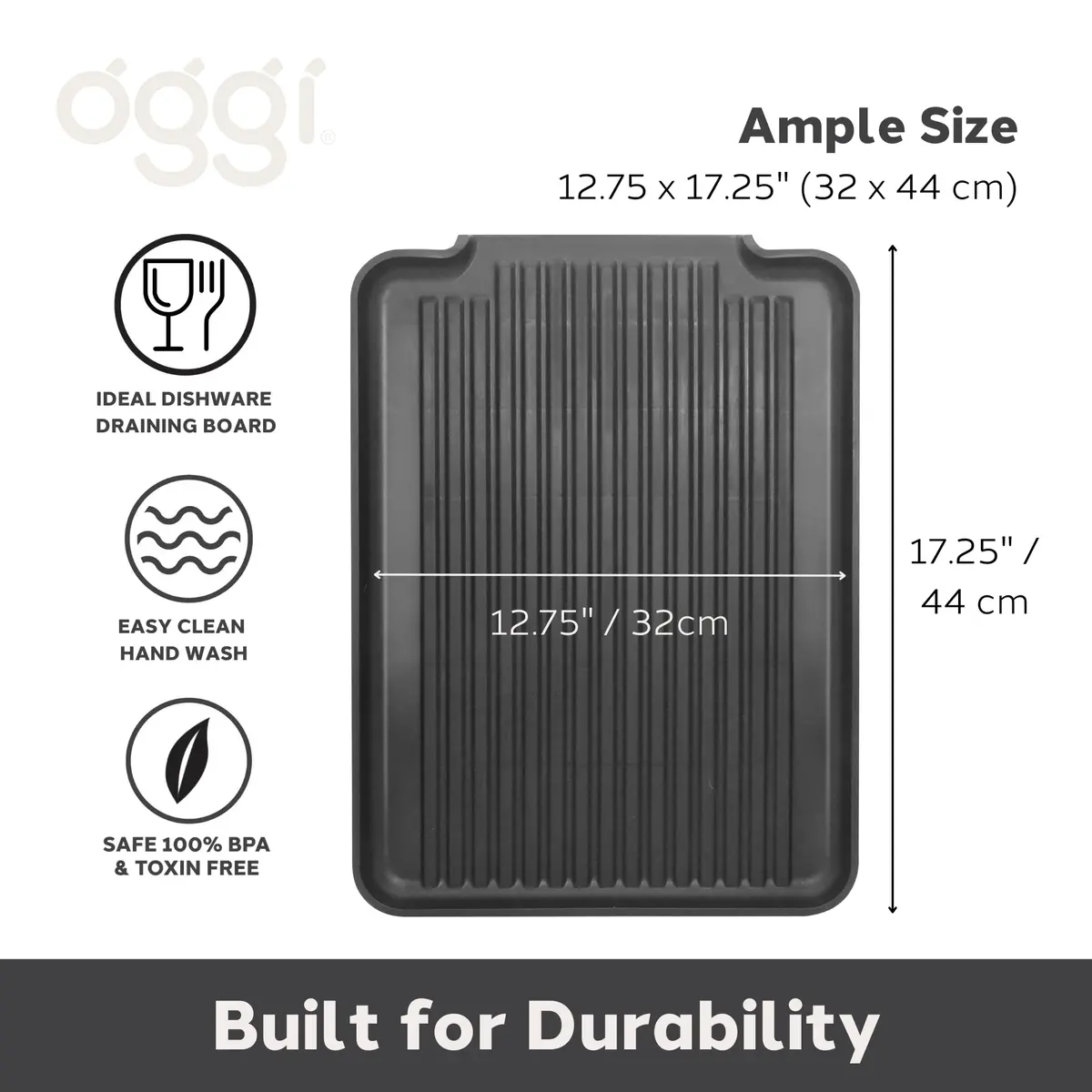 Oggi Black Dish Drain Board & Drying Rack Tray 43.8cm (17.25") | Ideal Rigid Drainboard for Kitchen Counters - view 2