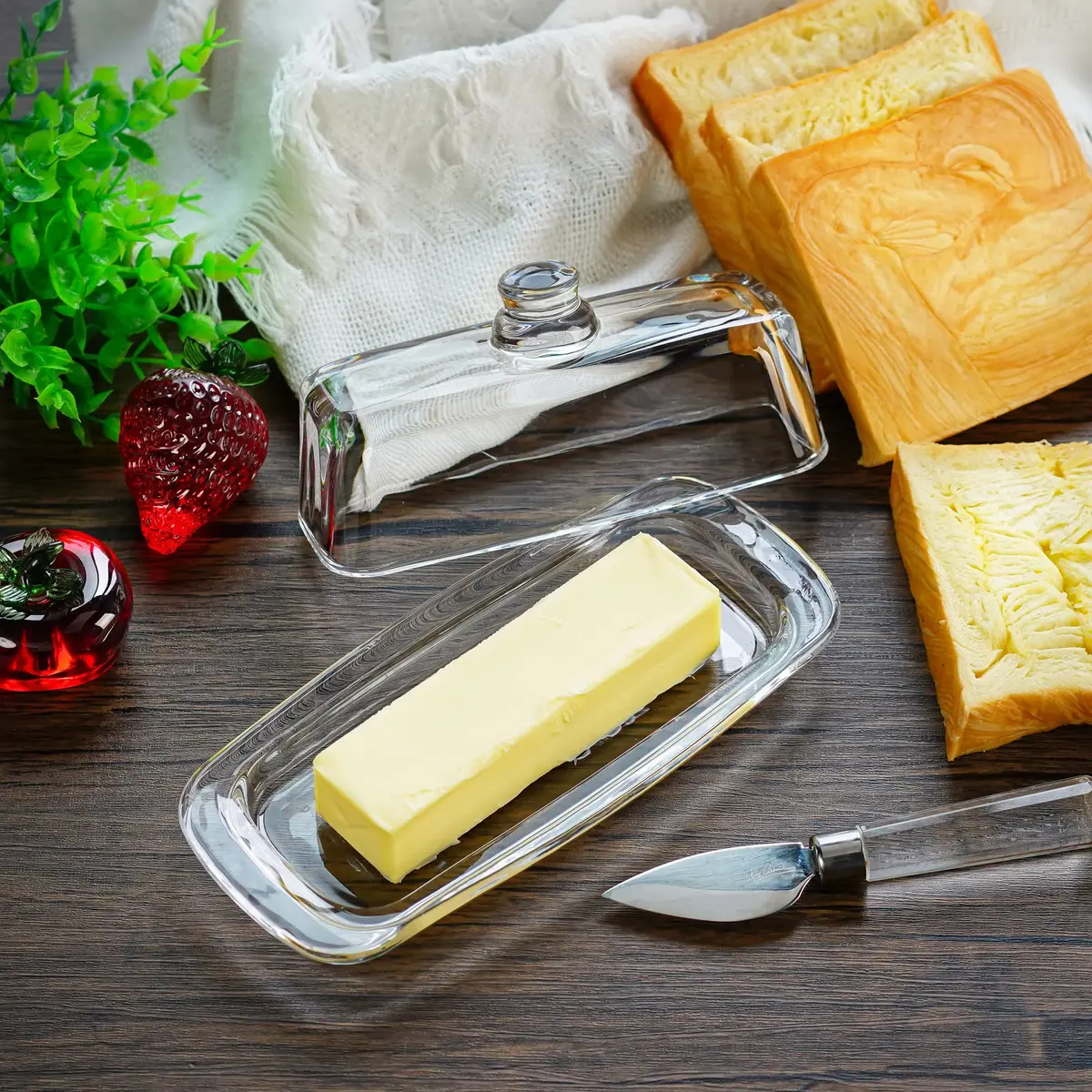 QFkris Art Glass Butter Dish with Lid, 20.32 cm (8 inches) Rectangular Clear | Keeps Butter Fresher for Longer - view 6