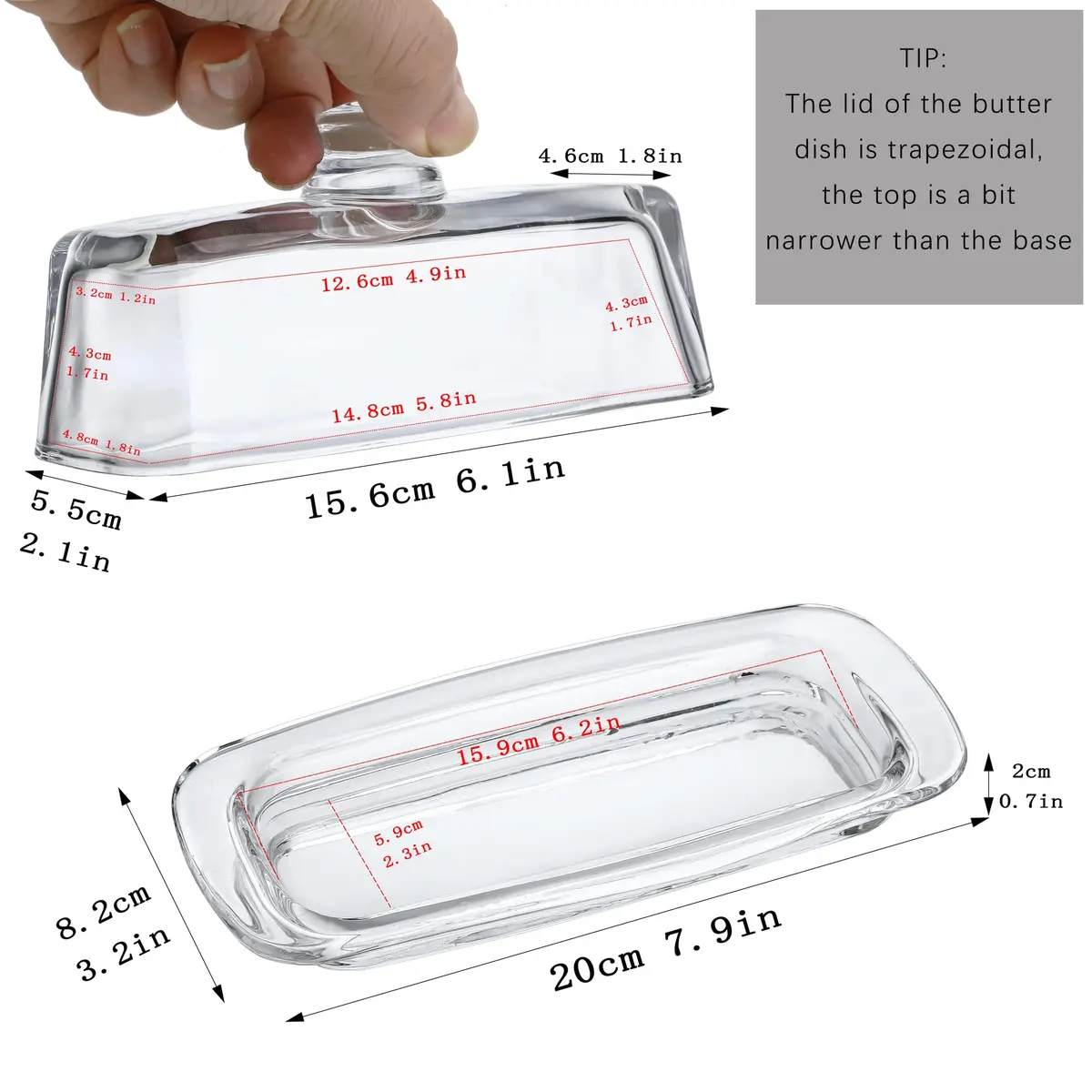 QFkris Art Glass Butter Dish with Lid, 20.32 cm (8 inches) Rectangular Clear | Keeps Butter Fresher for Longer - view 2