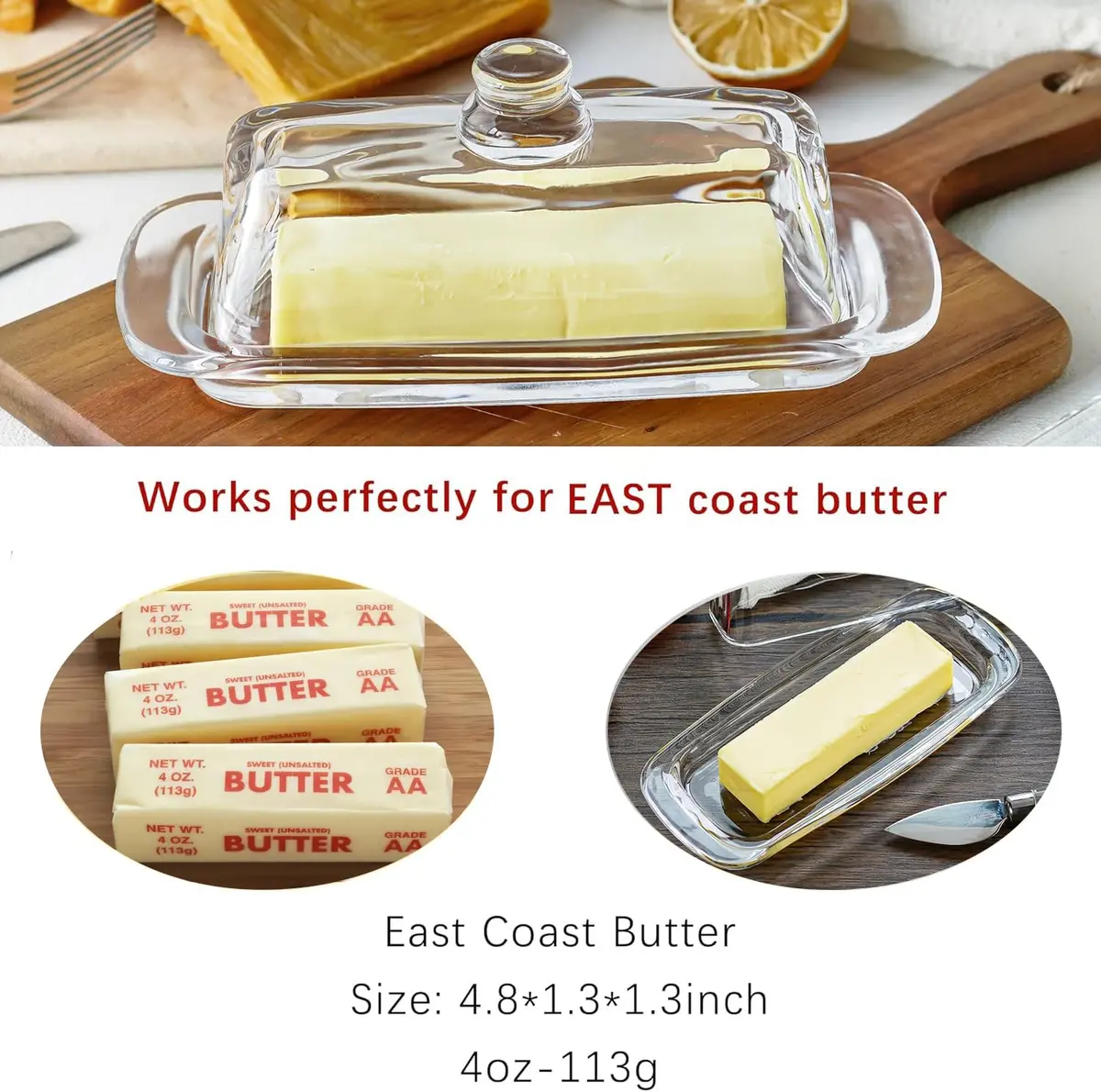QFkris Art Glass Butter Dish with Lid, 20.32 cm (8 inches) Rectangular Clear | Keeps Butter Fresher for Longer - view 3