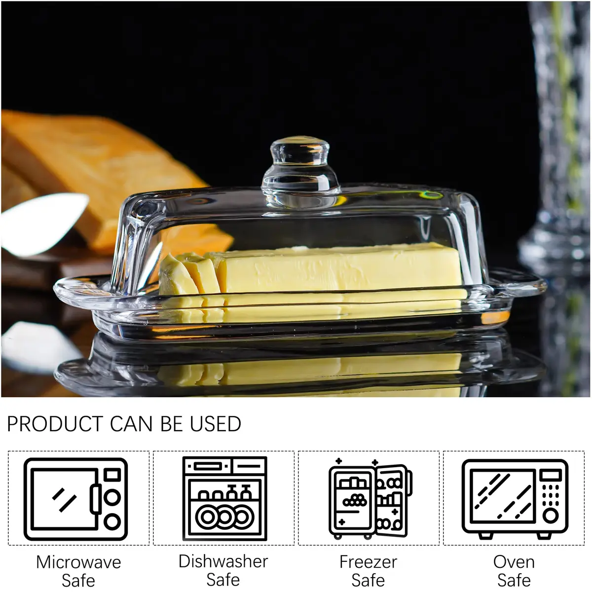 QFkris Art Glass Butter Dish with Lid, 20.32 cm (8 inches) Rectangular Clear | Keeps Butter Fresher for Longer - view 4