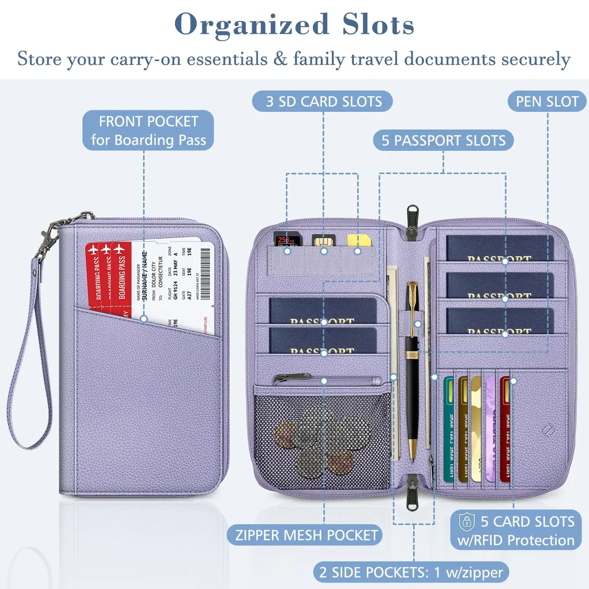 FINTIE Family RFID Passport Holder Wallet for Travel | RFID Blocking, 16 Compartments, Lilac Purple - view 2