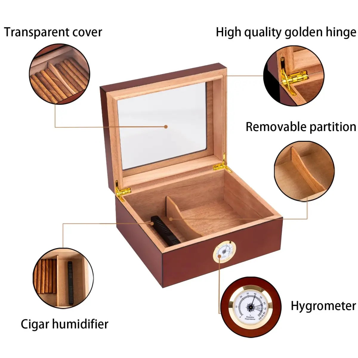 Somduy Cedar Wood Cigar Humidor for 30-50 Cigars with Humidifier & Hygrometer | Rustic Brown Classic Style - view 6