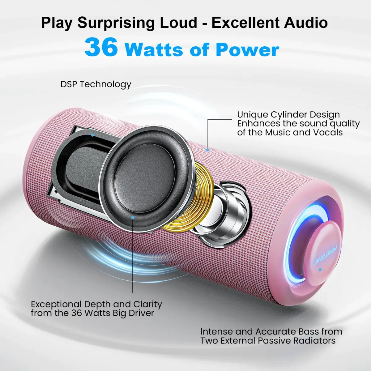 MIATONE BOOMPRO Portable Bluetooth Speaker 36W Stereo Sound, 7.4 inch (19 cm) - Pink - view 2