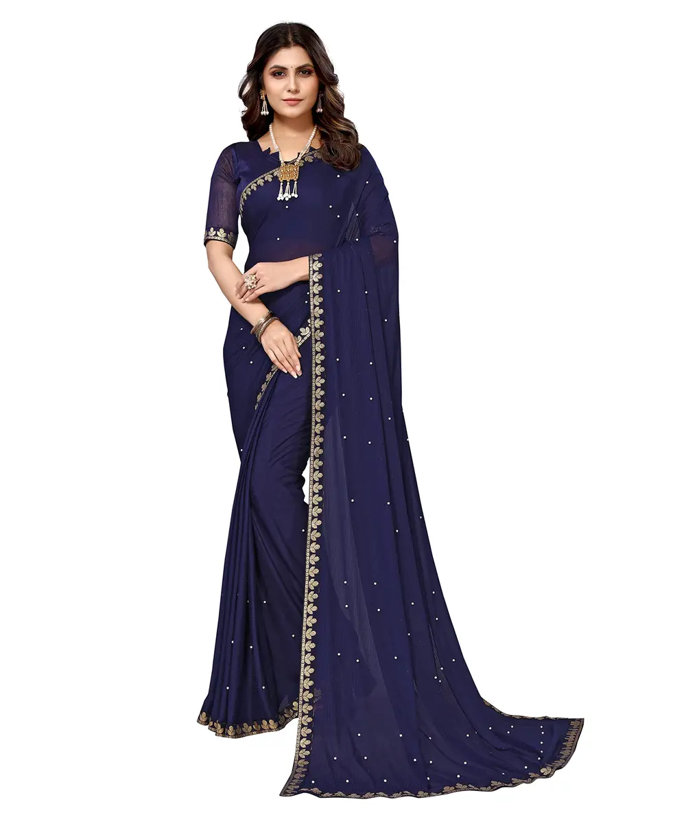 Yashika Navy Lycra Blend Saree with Unstitched Blouse 6.3m | Party Wear & Festive Occasion - main product image
