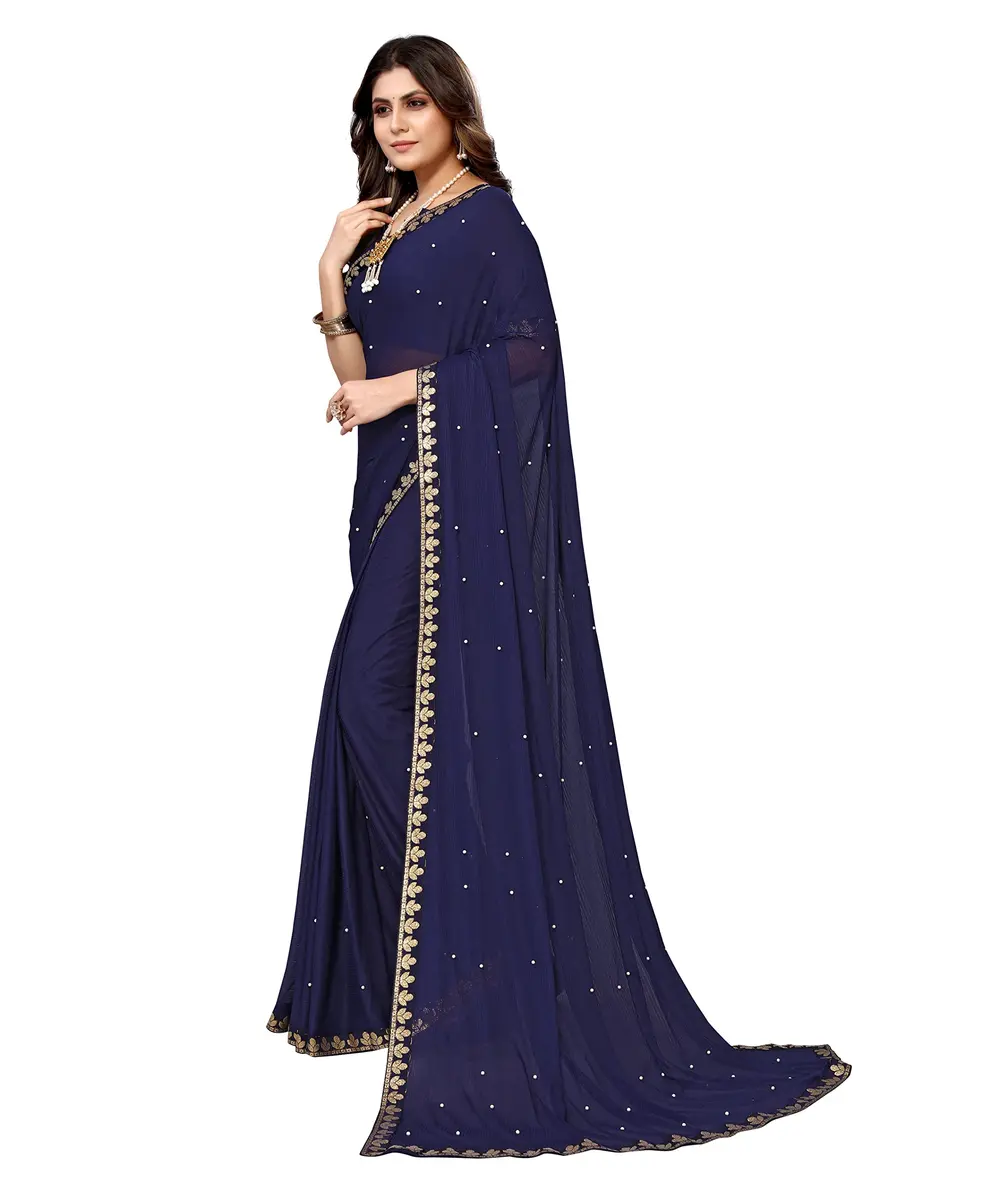 Yashika Navy Lycra Blend Saree with Unstitched Blouse 6.3m | Party Wear & Festive Occasion - view 2