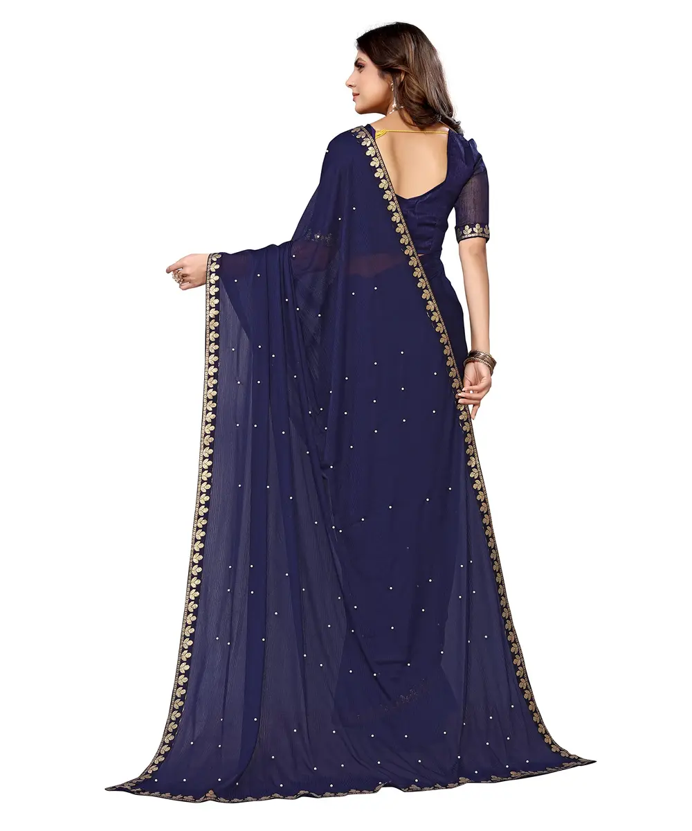 Yashika Navy Lycra Blend Saree with Unstitched Blouse 6.3m | Party Wear & Festive Occasion - view 3