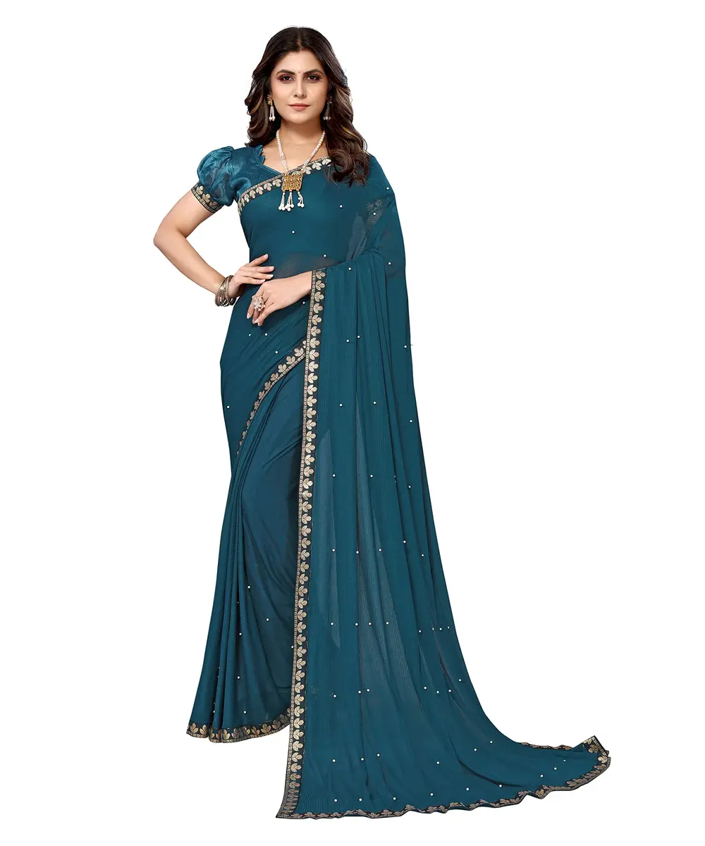 Yashika Lycra Blend Saree Rama with Blouse Piece | 5.2m Saree + 0.8m Blouse - main product image