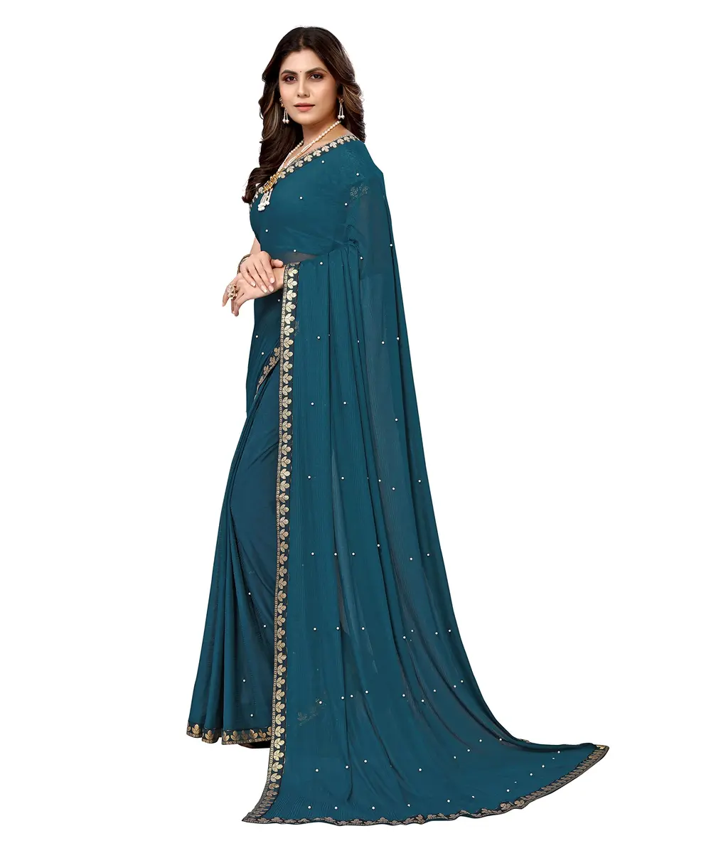 Yashika Lycra Blend Saree Rama with Blouse Piece | 5.2m Saree + 0.8m Blouse - view 2
