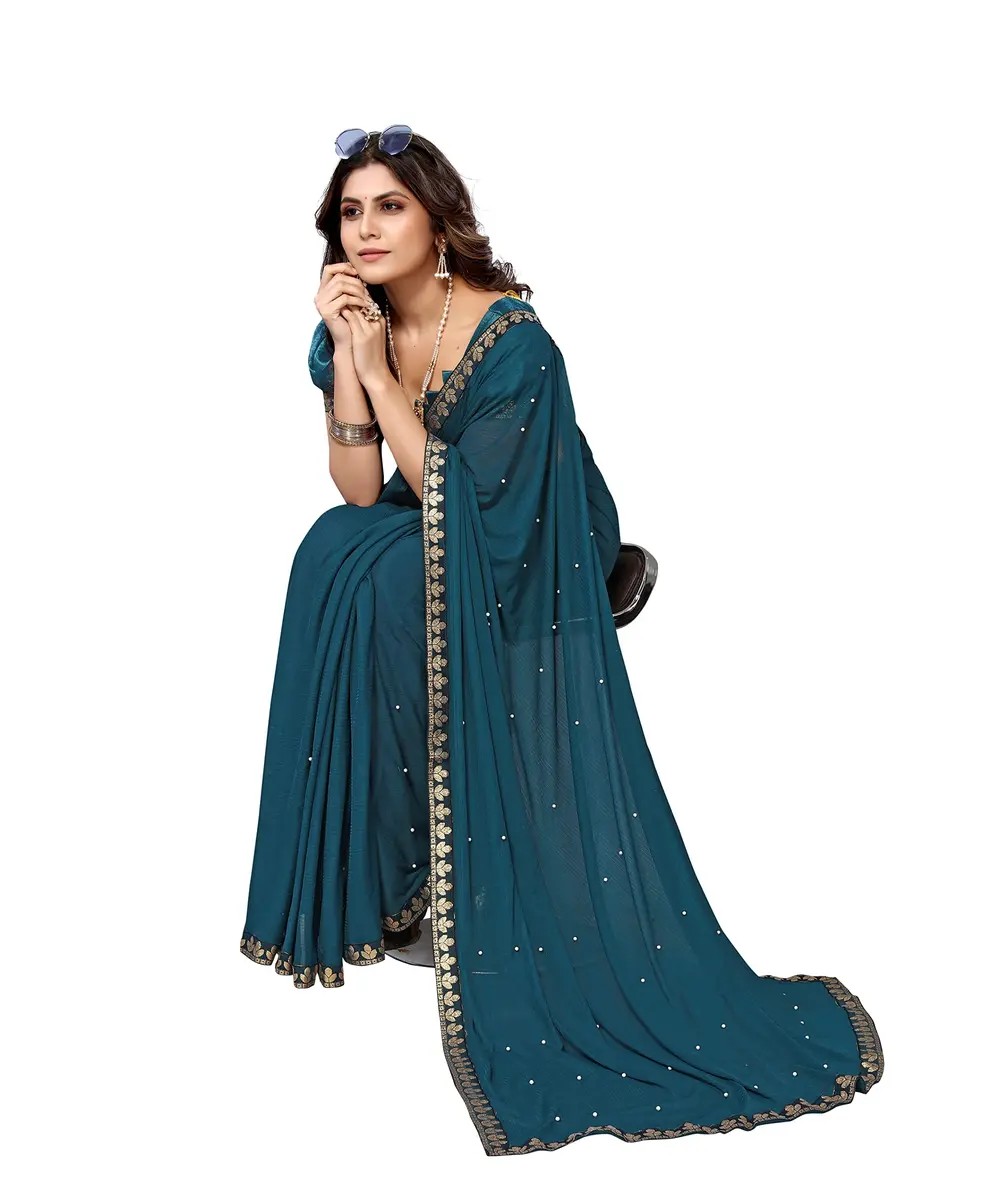 Yashika Lycra Blend Saree Rama with Blouse Piece | 5.2m Saree + 0.8m Blouse - view 3