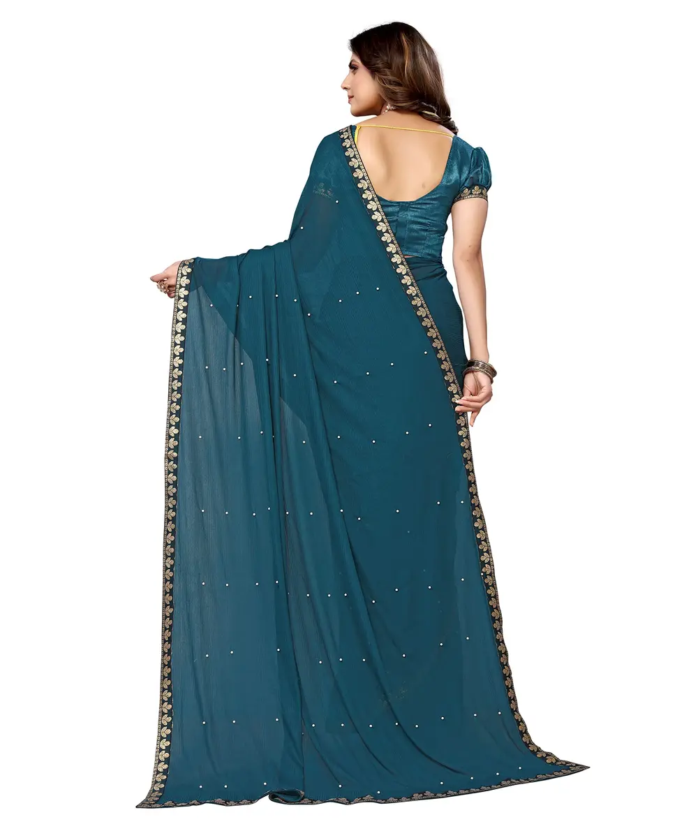Yashika Lycra Blend Saree Rama with Blouse Piece | 5.2m Saree + 0.8m Blouse - view 4