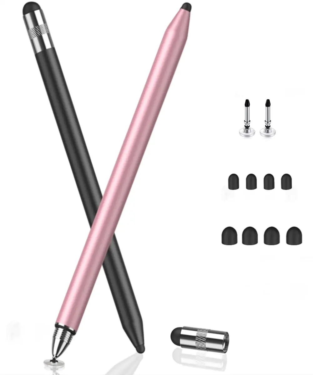 MEKO 3-in-1 Universal Stylus Pen for Touchscreens, 2-Pack Black/Rose Gold | Highly Sensitive Disc & Rubber Tips - main product image