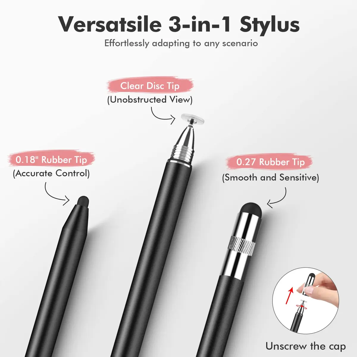 MEKO 3-in-1 Universal Stylus Pen for Touchscreens, 2-Pack Black/Rose Gold | Highly Sensitive Disc & Rubber Tips - view 2