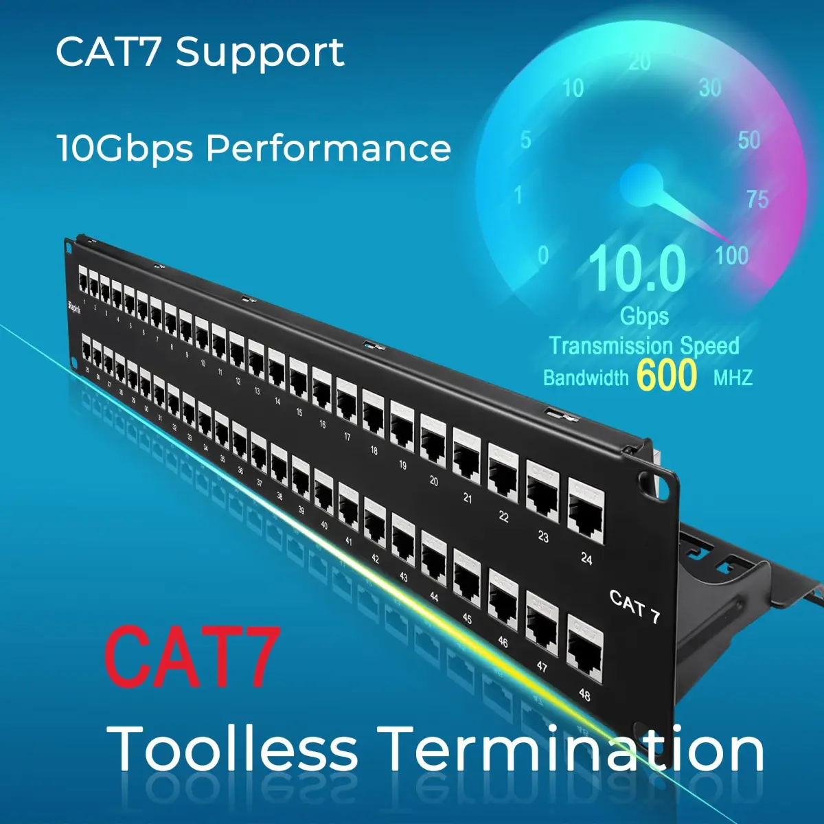 Rapink 48 Port Cat7 STP Shielded Patch Panel 19-Inch | Toolless Termination for 10Gbps Speeds - view 2