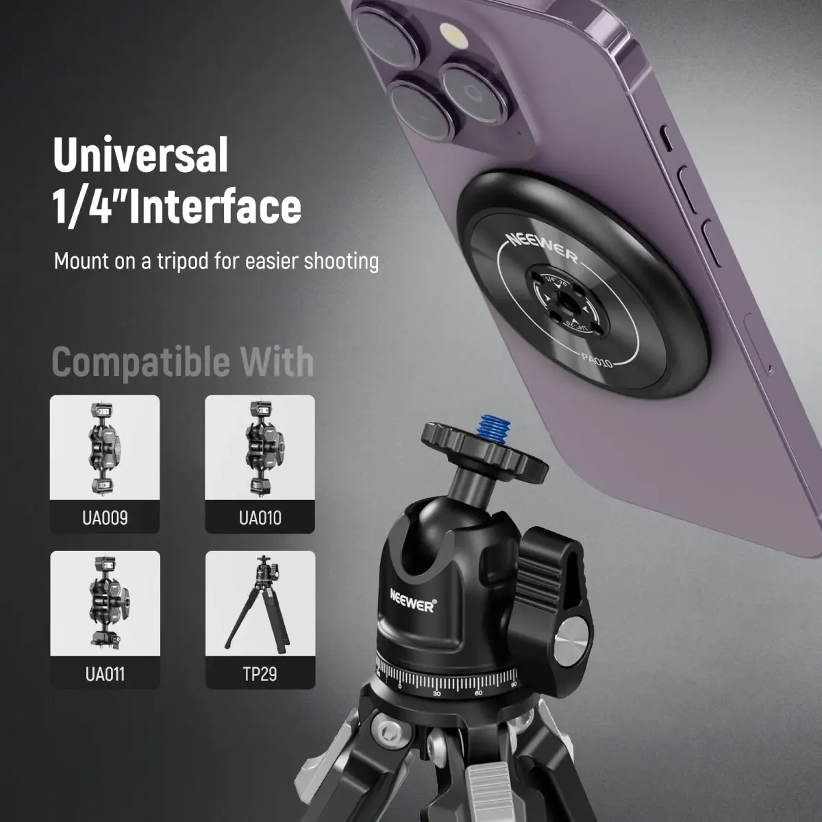 NEEWER Magnetic Phone Tripod Mount Adapter with 1/4" Holes & 600g Load Capacity | Black Aluminum Alloy - view 3