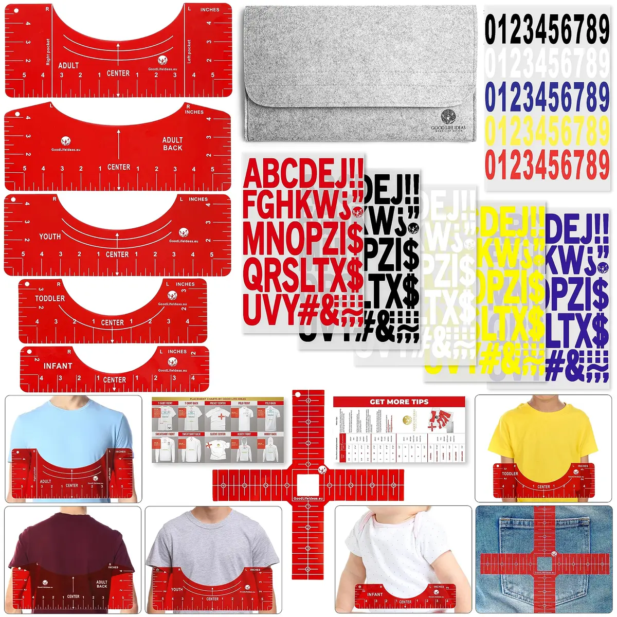 Good Life Ideas T-Shirt Ruler Guide Kit 5 Sizes | Clear PVC Alignment Tool for Heat Press & Vinyl Projects - main product image