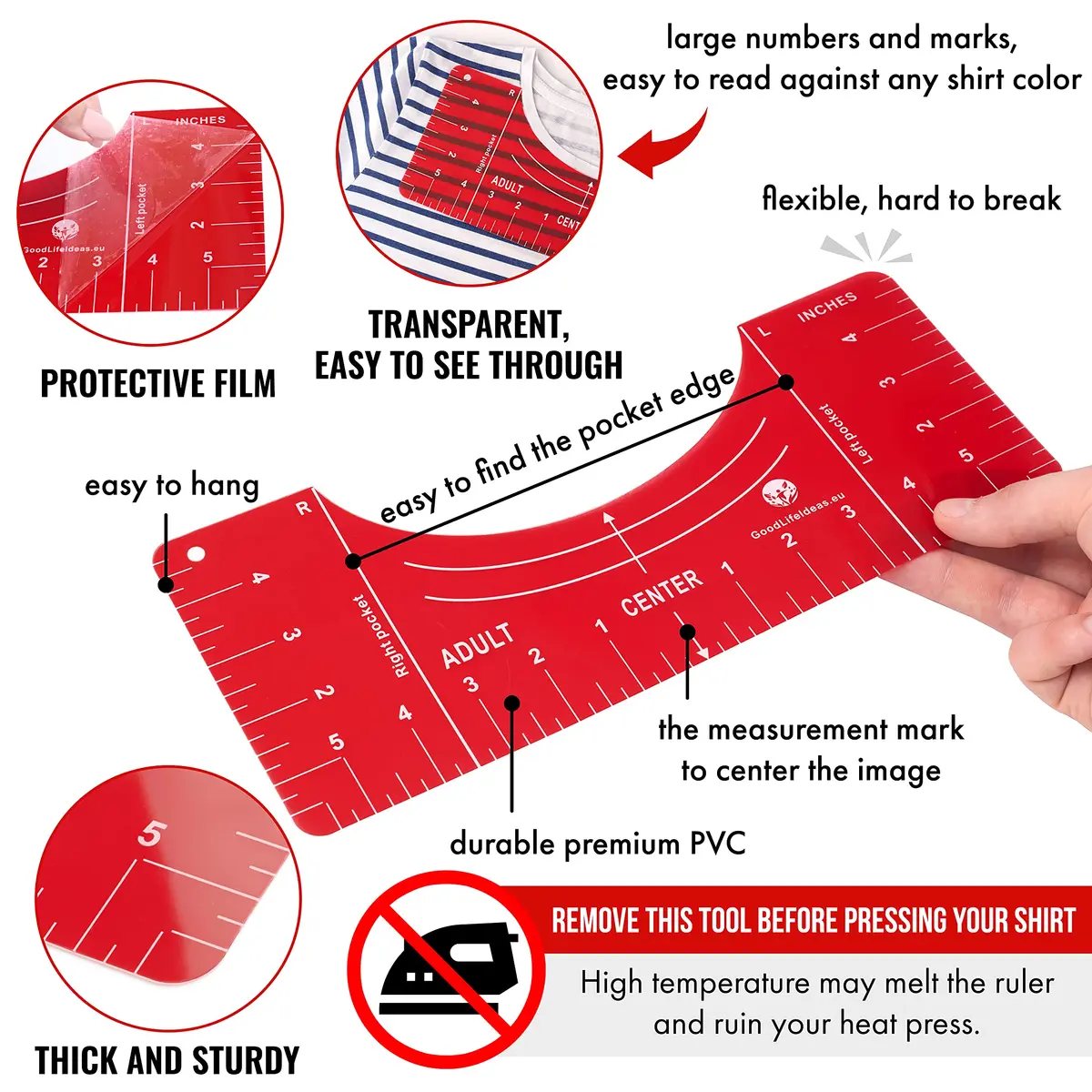 Good Life Ideas T-Shirt Ruler Guide Kit 5 Sizes | Clear PVC Alignment Tool for Heat Press & Vinyl Projects - view 6