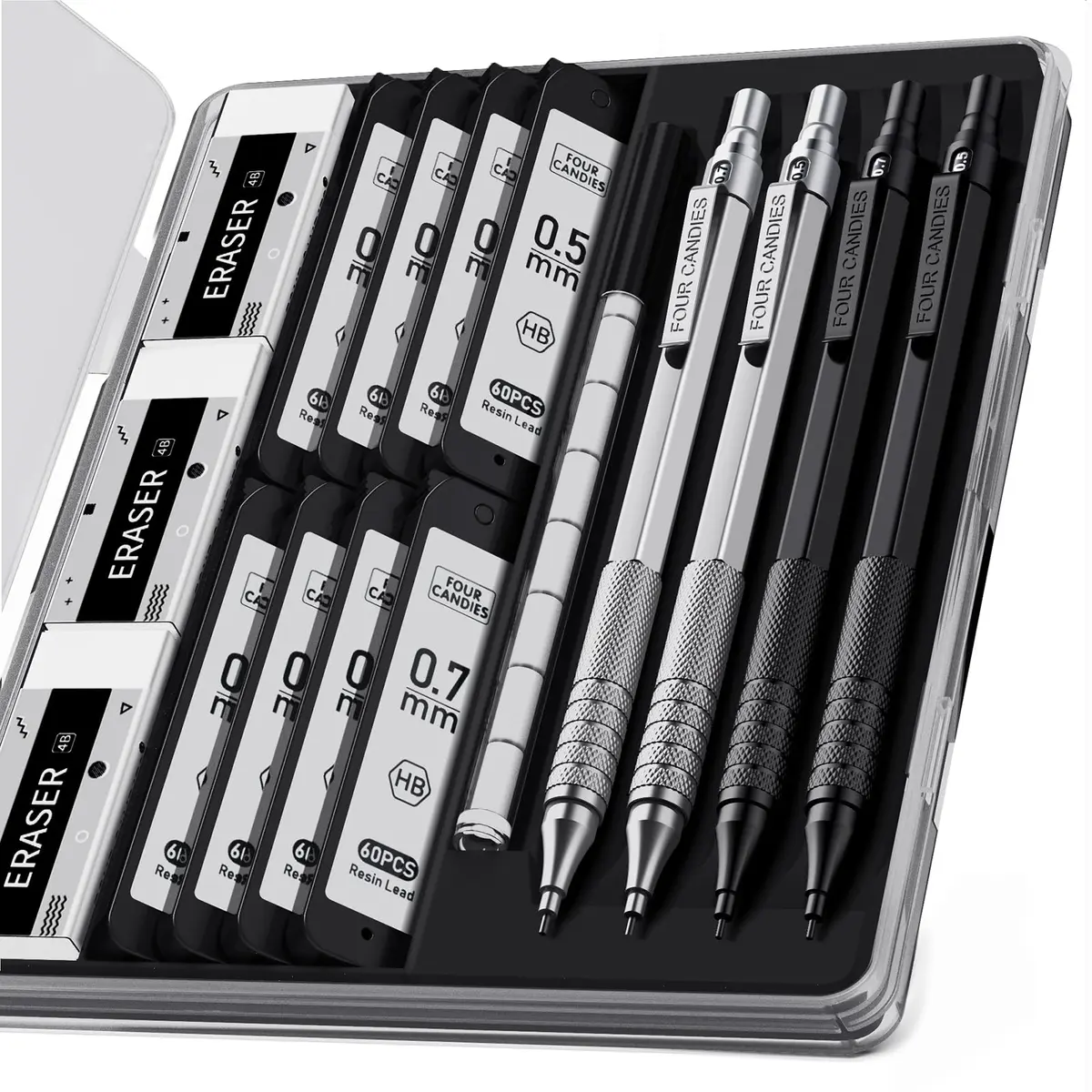 Four Candies Metal Mechanical Pencil Set 0.5mm & 0.7mm (4-Pack) | Smooth Writing, Anti-Skid Grip, Bulk Lead Refills - main product image