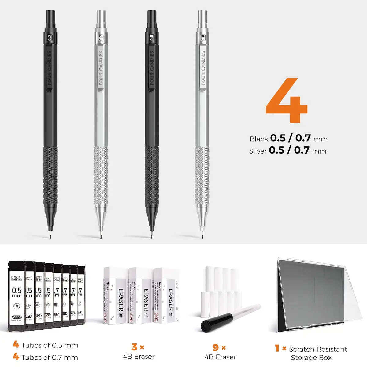 Four Candies Metal Mechanical Pencil Set 0.5mm & 0.7mm (4-Pack) | Smooth Writing, Anti-Skid Grip, Bulk Lead Refills - view 6