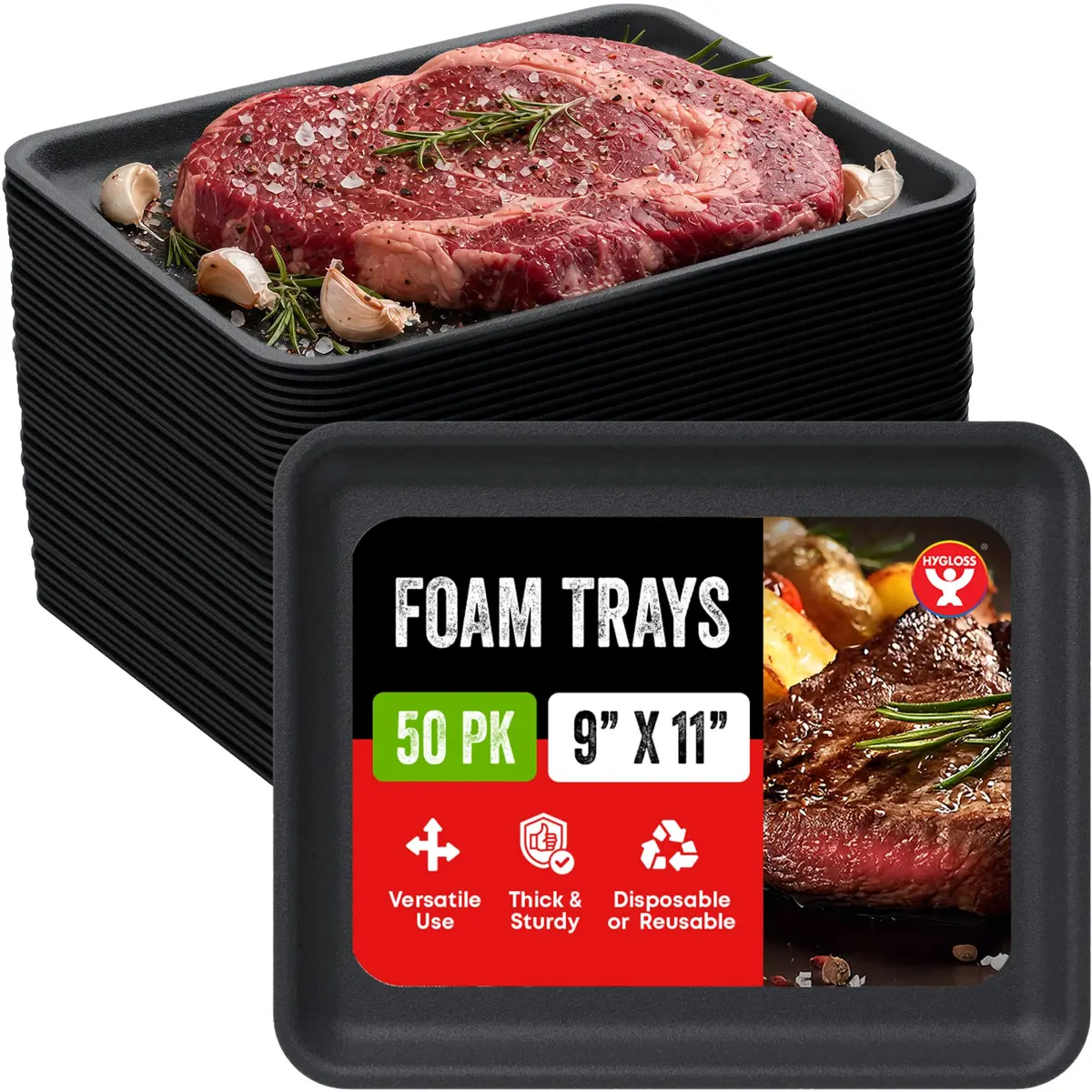 Hygloss Black Foam Trays for Food & Crafts, 9 x 11 Inch | Versatile, Sturdy & Disposable - main product image