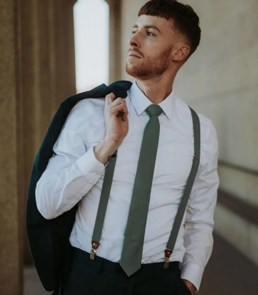 Mantieqingway Skinny Tie for Men, Cotton Linen, Sage Green | 2.95 inch Wide, Formal & Casual - view 4
