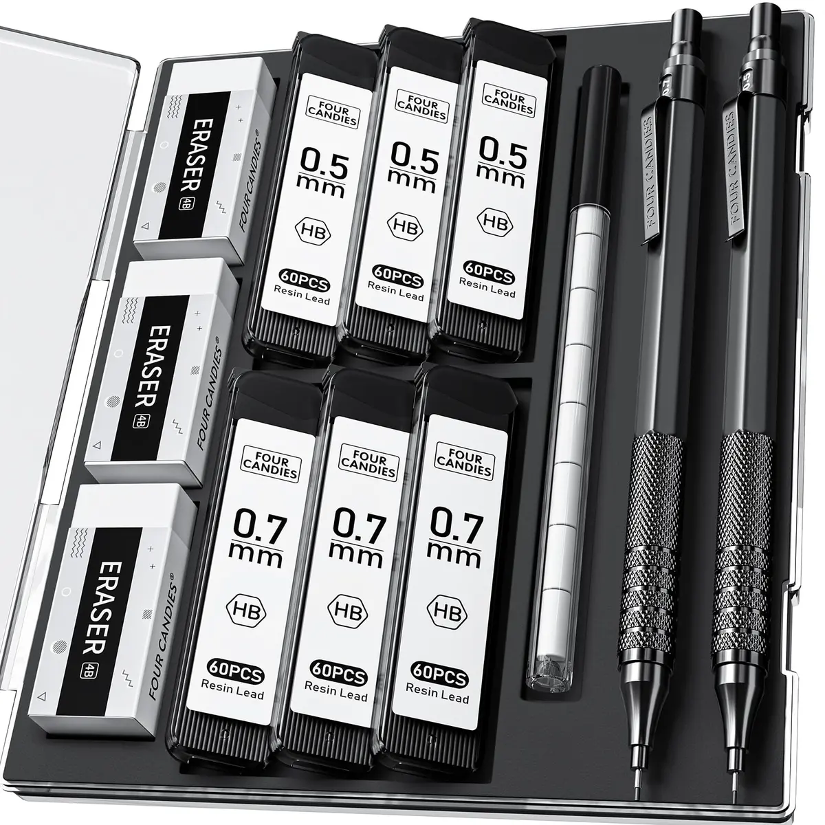 Four Candies Metal Mechanical Pencils Set 0.5mm & 0.7mm (2-Pack, Black) | Smooth Writing & Durable Leads - main product image