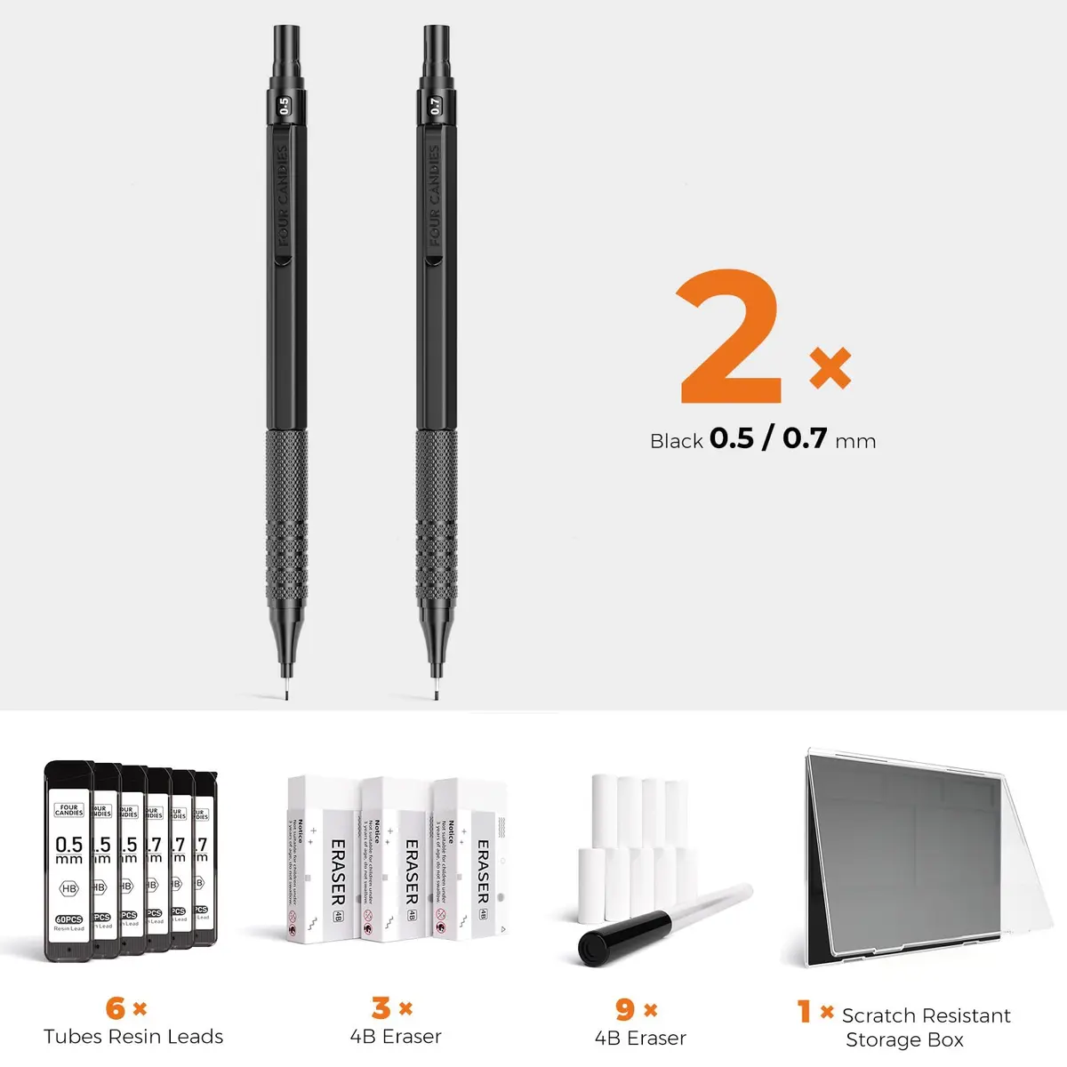 Four Candies Metal Mechanical Pencils Set 0.5mm & 0.7mm (2-Pack, Black) | Smooth Writing & Durable Leads - view 6