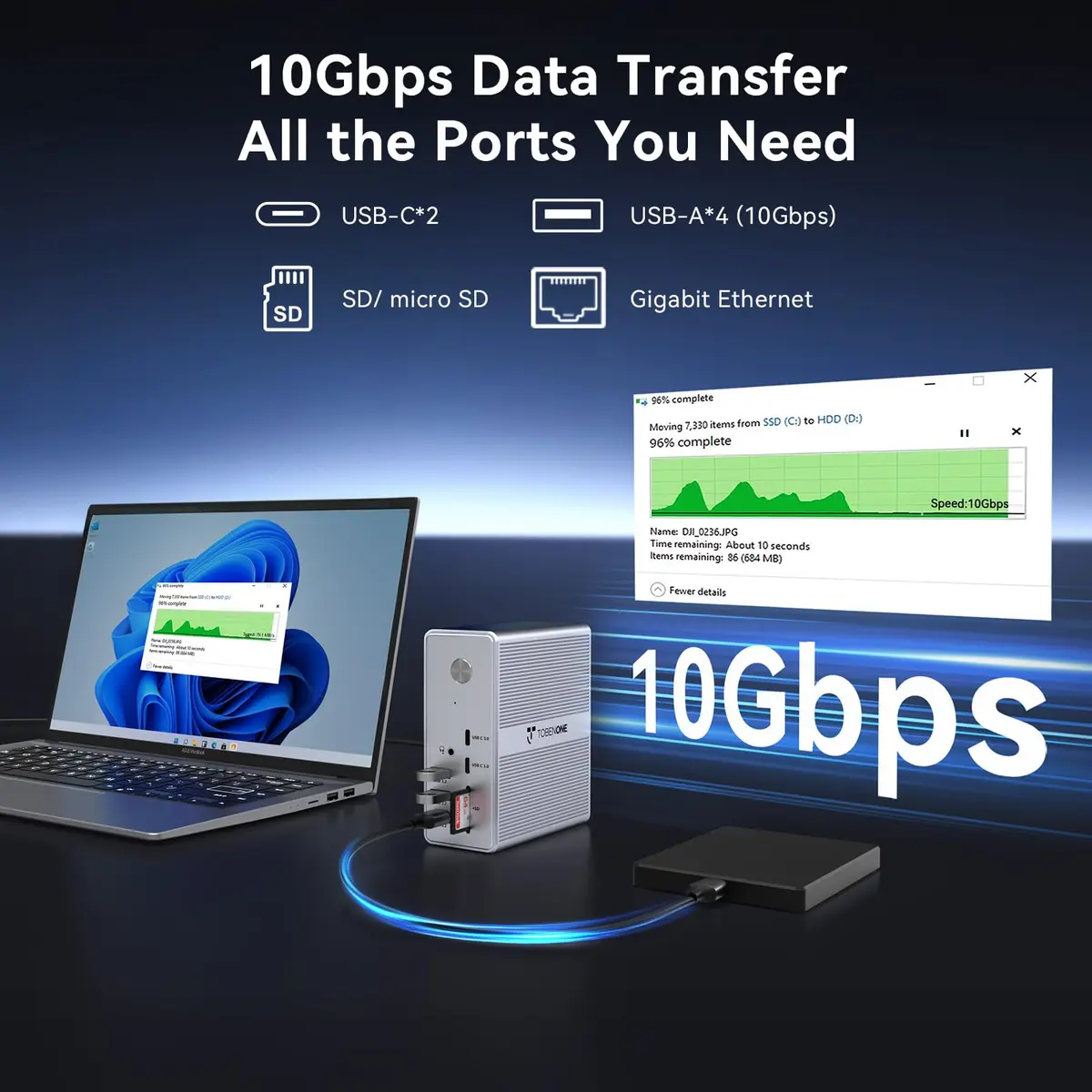 Tobenone DisplayLink Docking Station 3 Monitors 18 Ports | Triple 4K@60Hz, 120W Power Adapter - view 6
