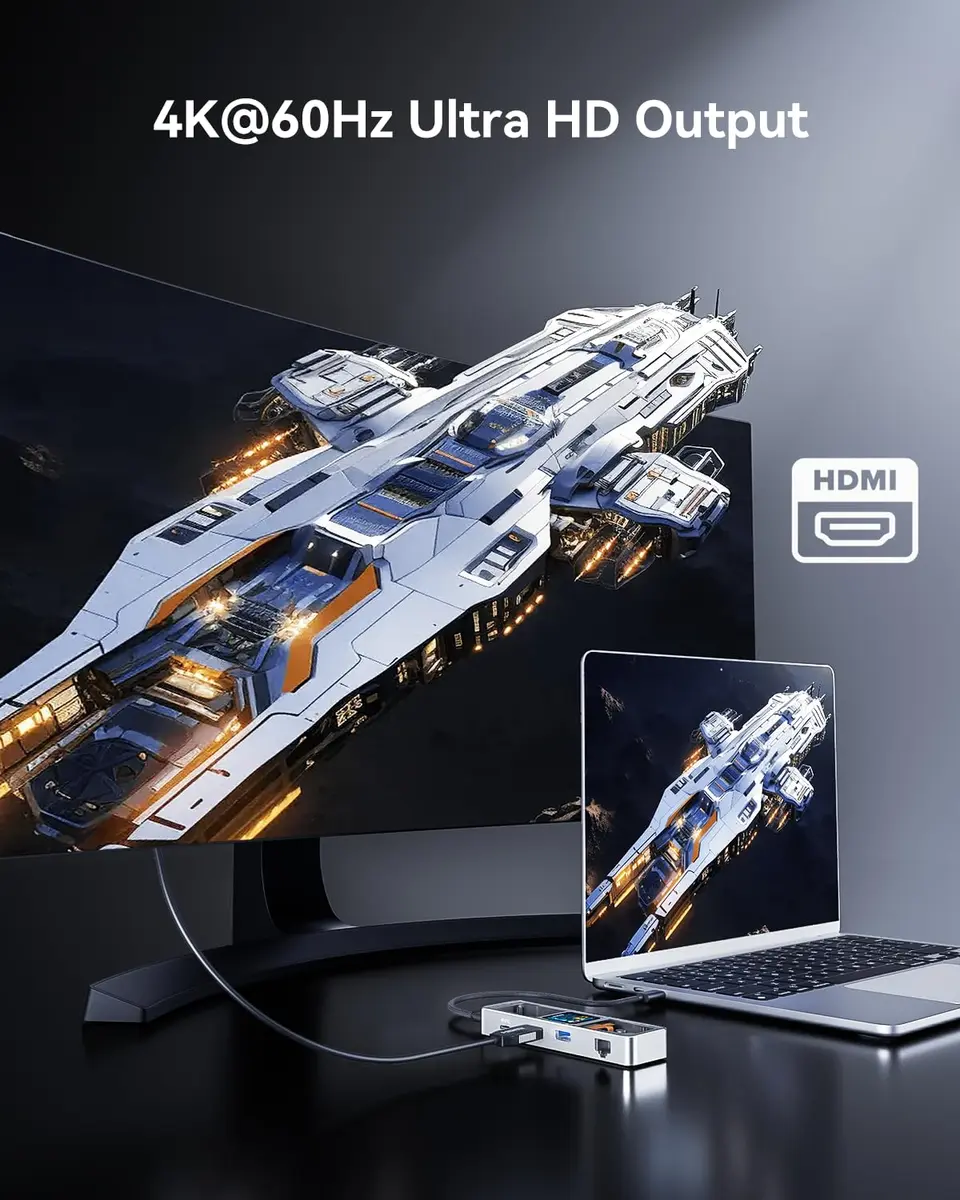 DOCKCASE Explorer Edition Visual Smart USB C Hub (6-in-1) with HDMI 4K@60Hz, Gigabit Ethernet, USB-C & 2 USB-A Ports, 100W PD - view 3
