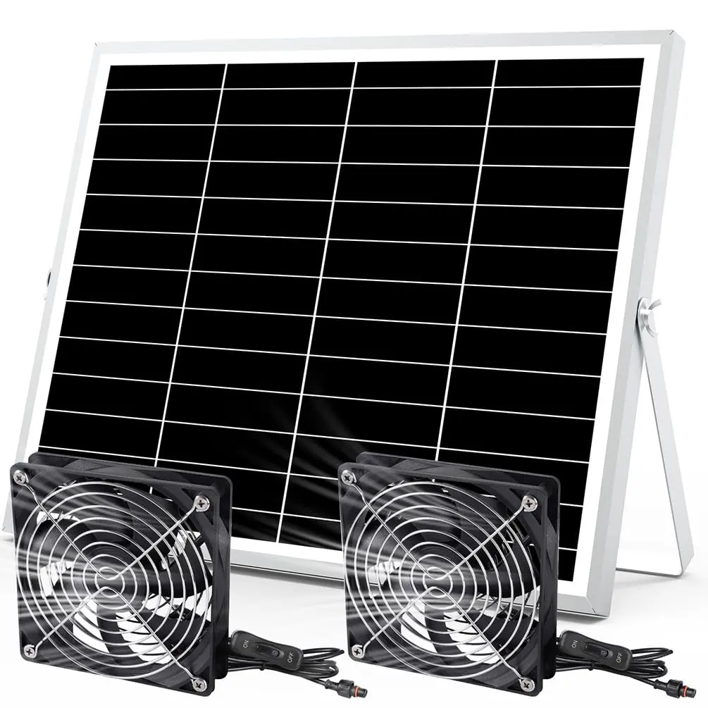 pqins Solar Powered Dual Exhaust Fan Kit 5 Inch (12.7cm) | IP67 Waterproof, 3200 RPM, 13ft Cable - main product image