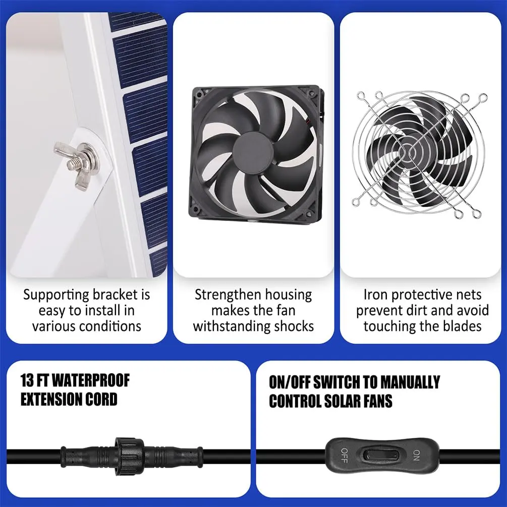 pqins Solar Powered Dual Exhaust Fan Kit 5 Inch (12.7cm) | IP67 Waterproof, 3200 RPM, 13ft Cable - view 4