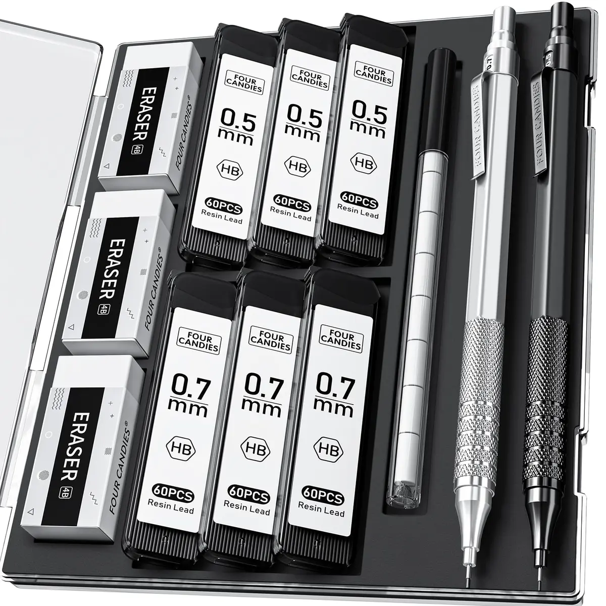 Four Candies Metal Mechanical Pencil Set 0.5mm & 0.7mm | Smooth Writing, Anti-Skid Grip, 360 Lead Refills - main product image