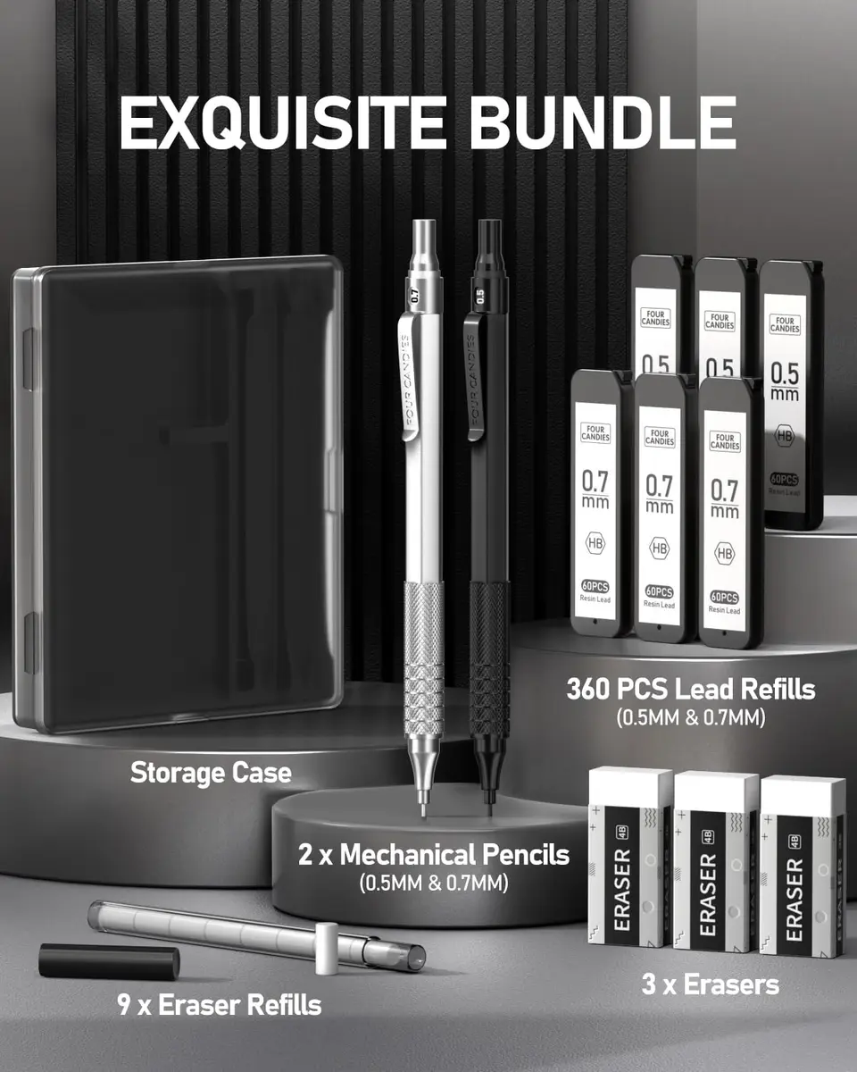 Four Candies Metal Mechanical Pencil Set 0.5mm & 0.7mm | Smooth Writing, Anti-Skid Grip, 360 Lead Refills - view 7