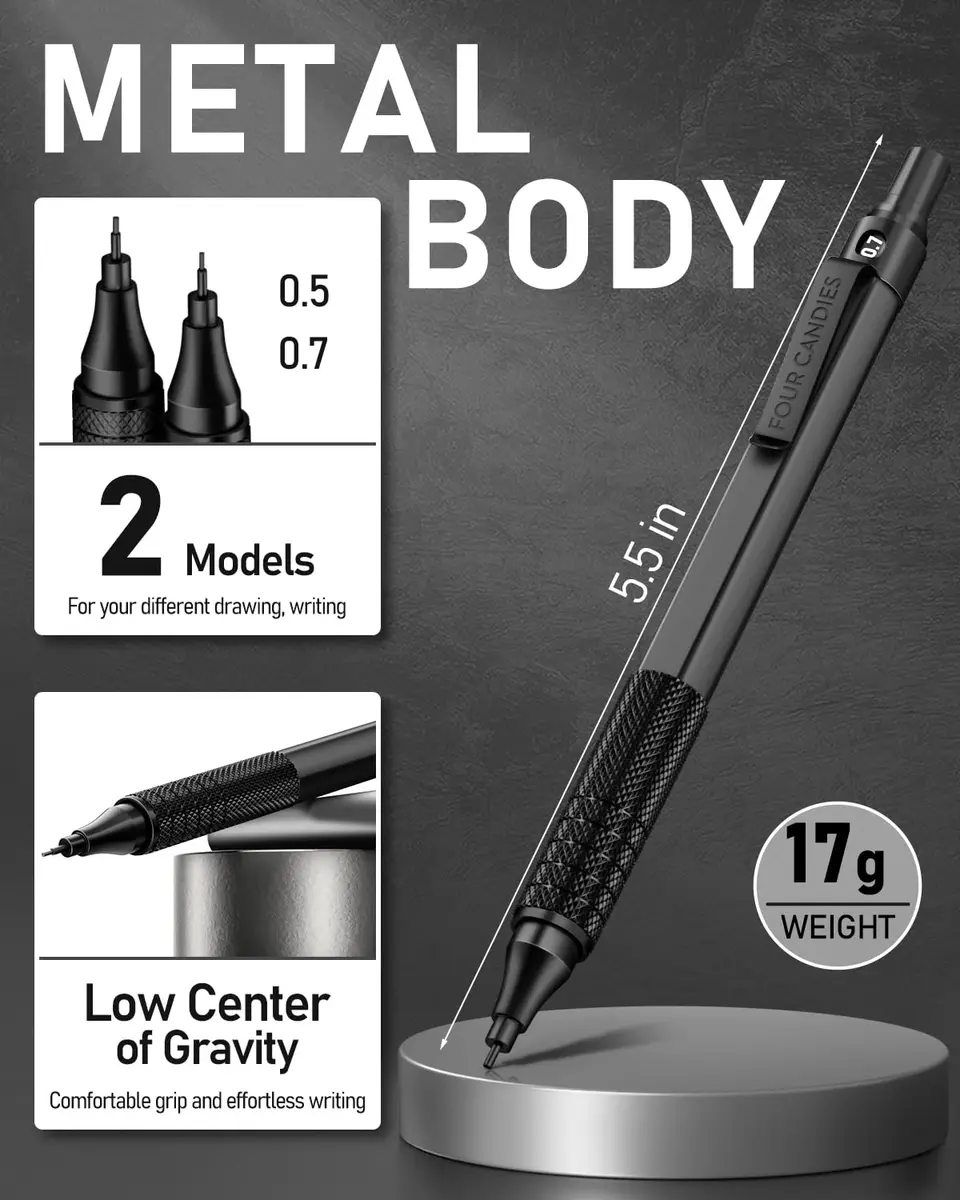 Four Candies Metal Mechanical Pencil Set 0.5mm & 0.7mm | Smooth Writing, Anti-Skid Grip, 360 Lead Refills - view 3