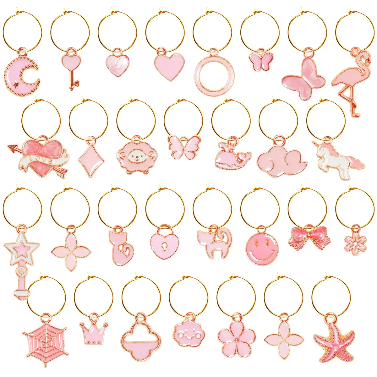 Macepason Pink Charm Glass Charms & Markers for Wine Glasses (30-Pack) | Differentiate Drinks at Parties - main product image