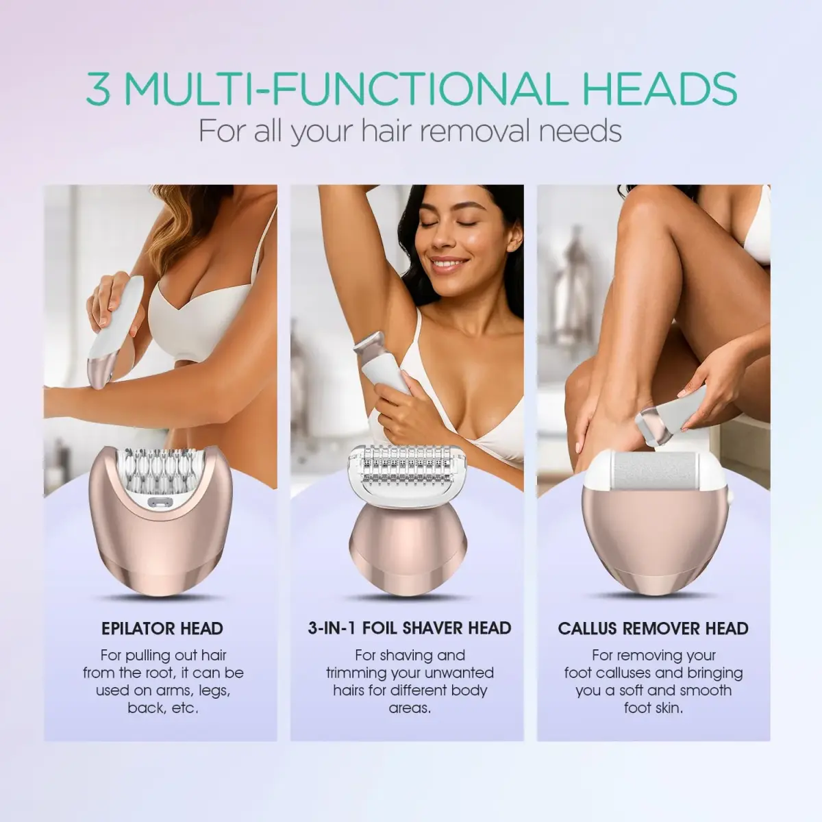 VOYOR BM300 Epilator for Women, 3-in-1 Hair Removal Kit with 30 Tweezers, Rechargeable & Cordless Epilator, Shaver & Callus Remover (Champagne Gold) - view 6