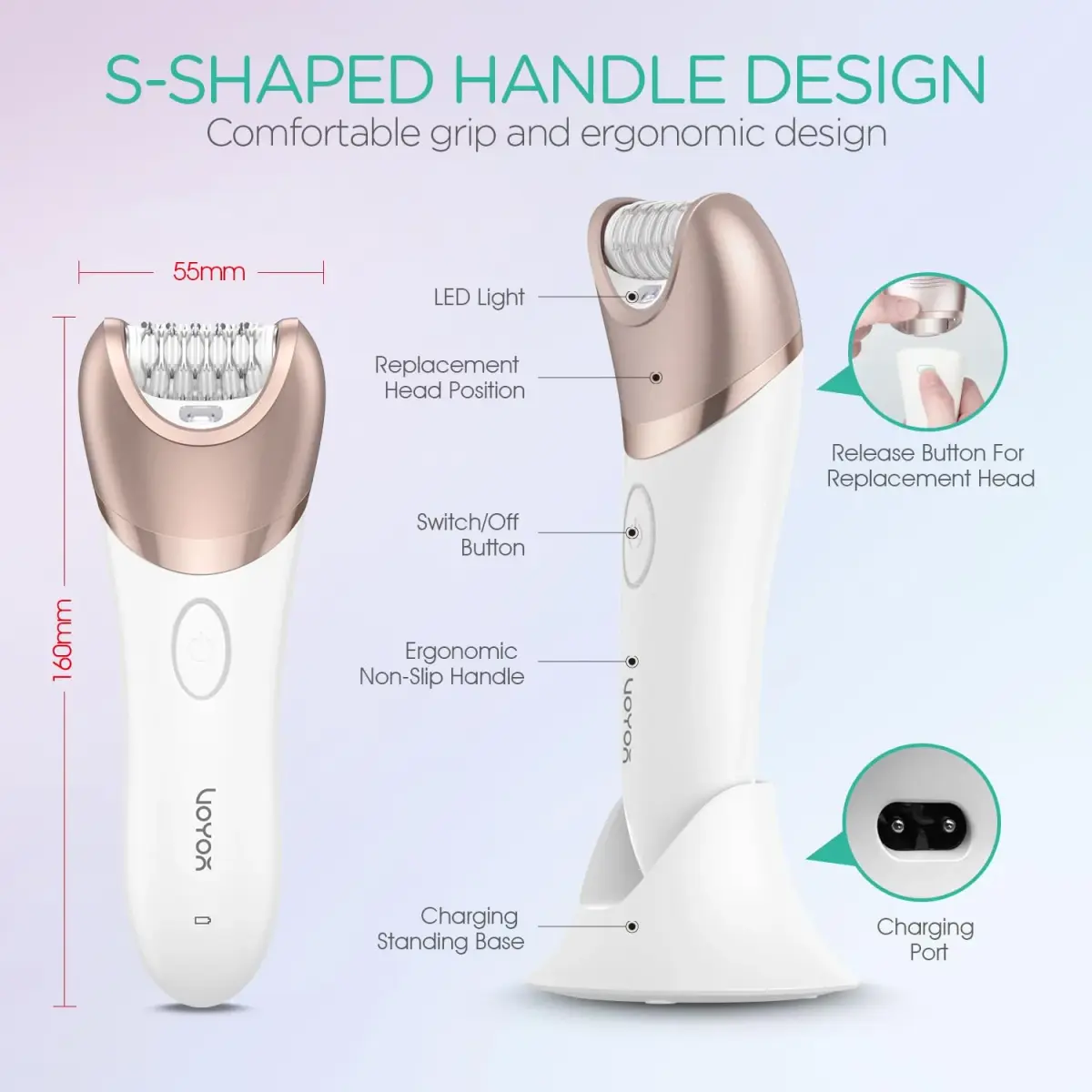 VOYOR BM300 Epilator for Women, 3-in-1 Hair Removal Kit with 30 Tweezers, Rechargeable & Cordless Epilator, Shaver & Callus Remover (Champagne Gold) - view 7
