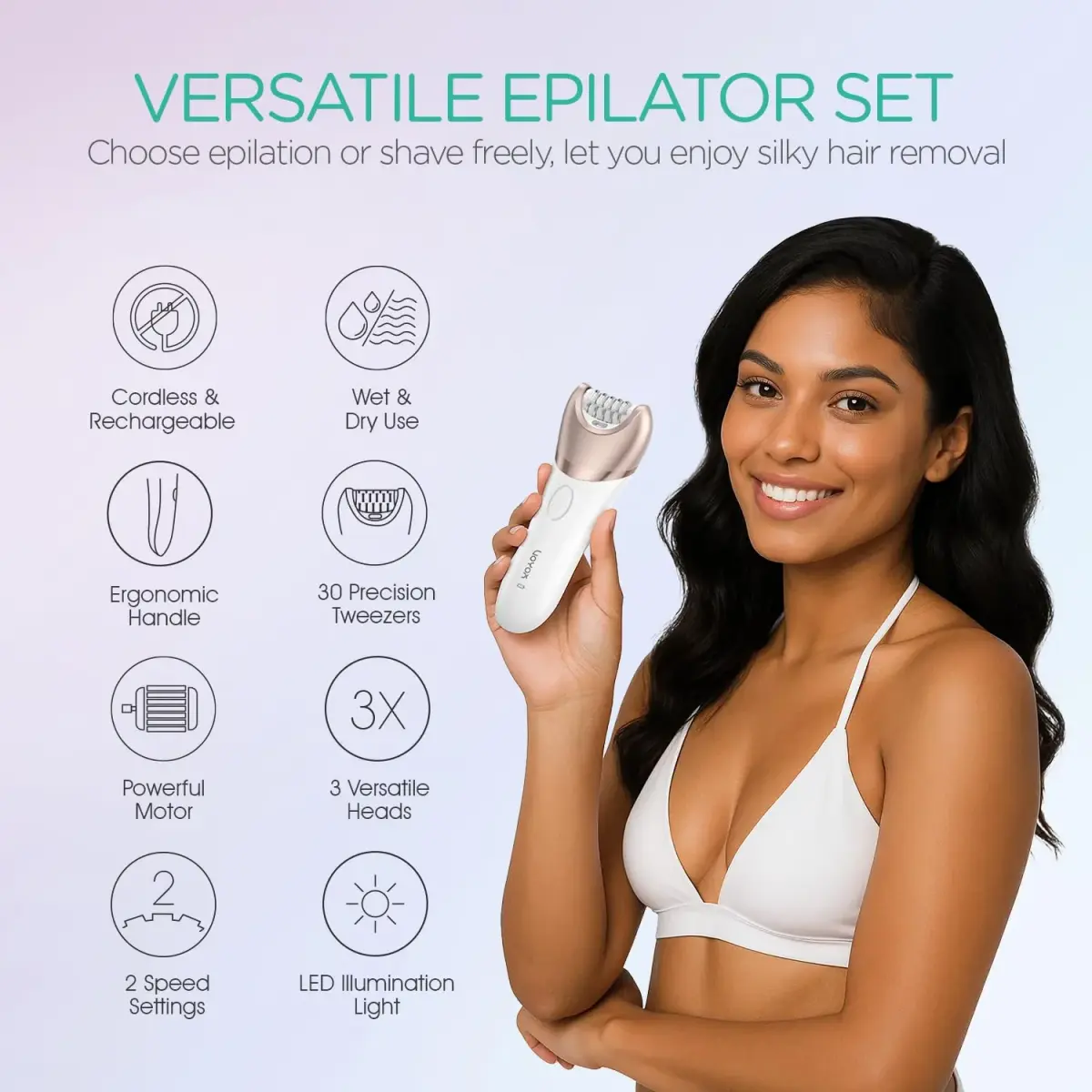 VOYOR BM300 Epilator for Women, 3-in-1 Hair Removal Kit with 30 Tweezers, Rechargeable & Cordless Epilator, Shaver & Callus Remover (Champagne Gold) - view 2