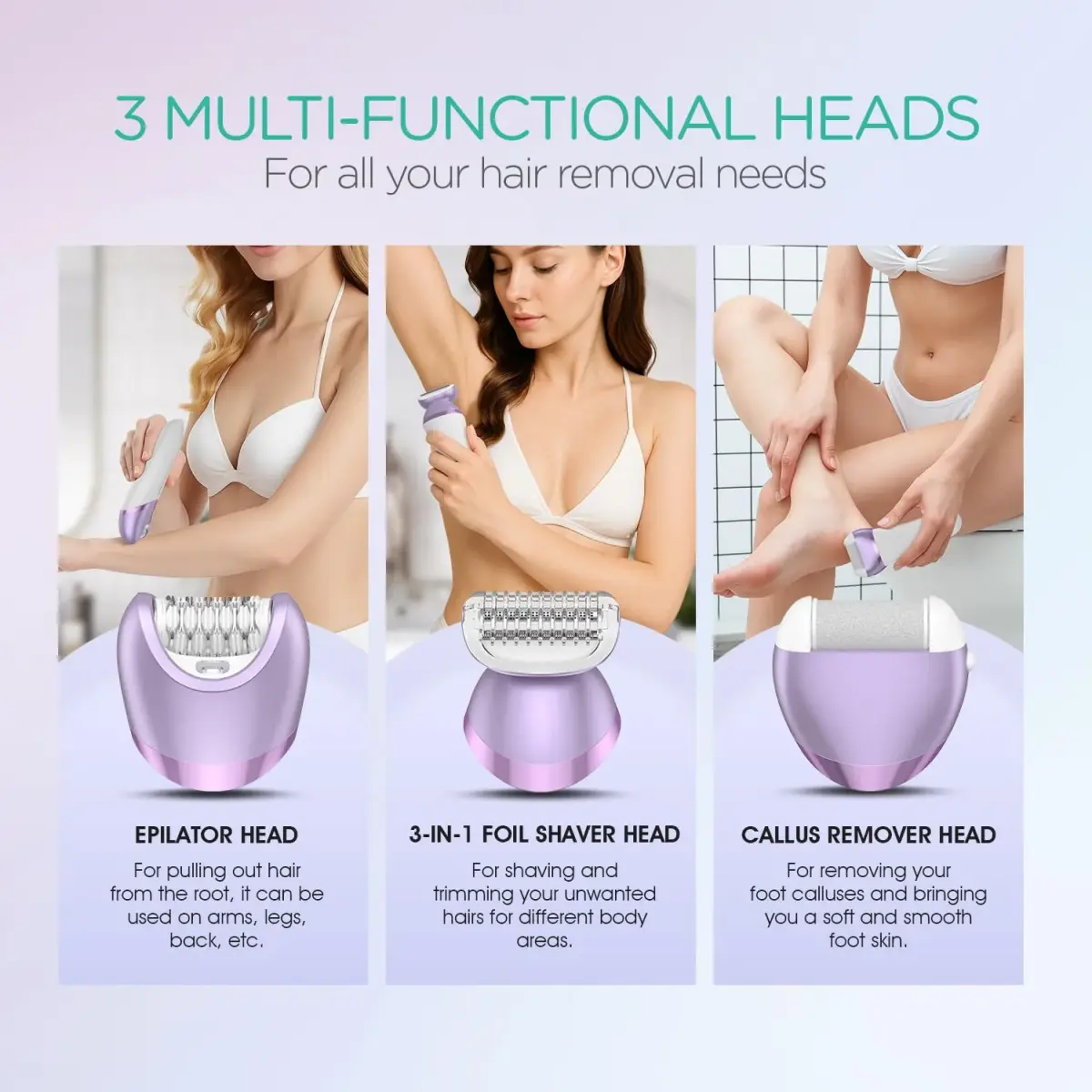 VOYOR BM300 Epilator for Women, Cordless Rechargeable Wet & Dry Hair Removal Device with 30 Tweezers & 3 Heads (Purple) - view 6